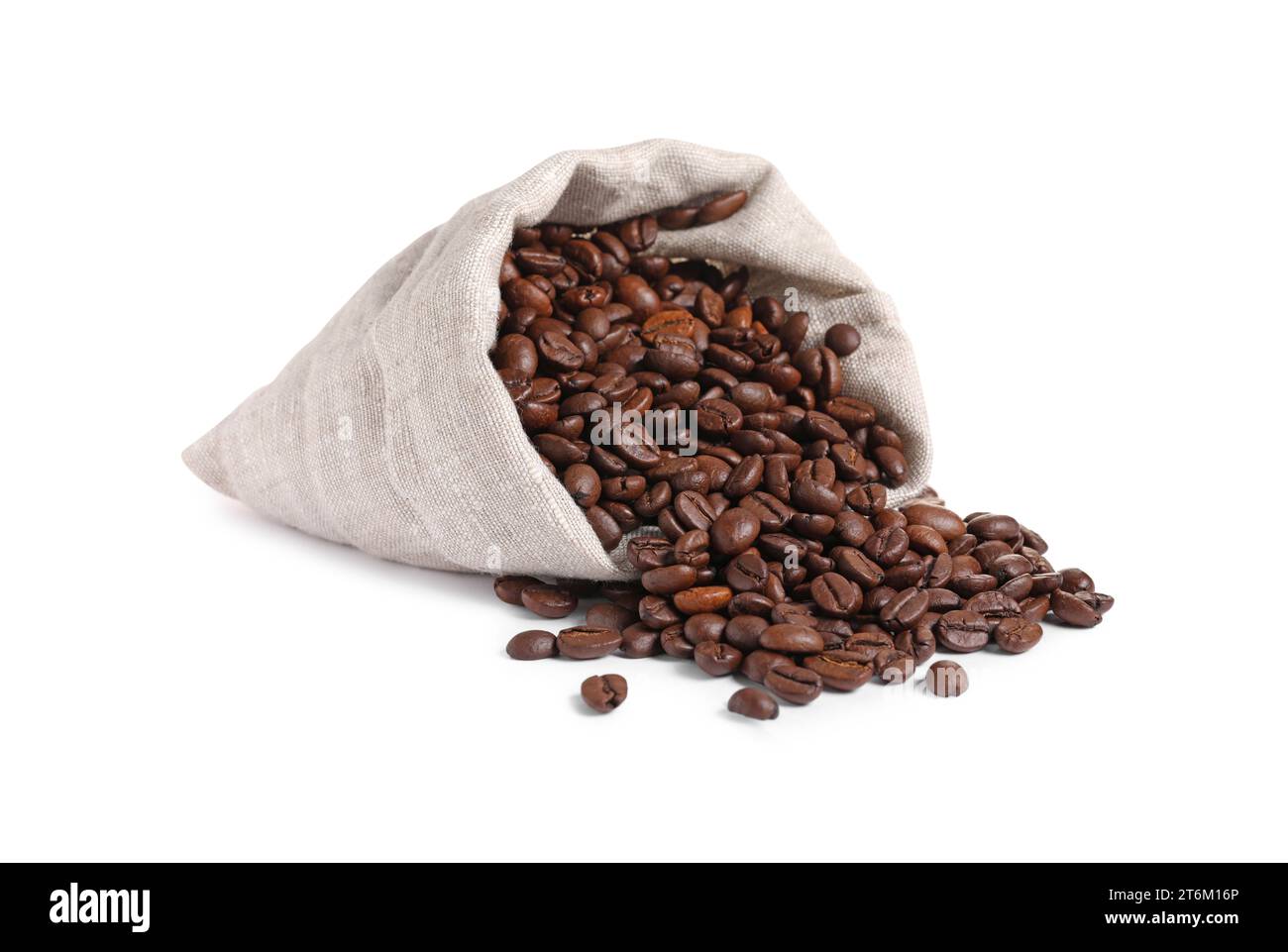 Overturned bag with roasted coffee beans isolated on white Stock Photo