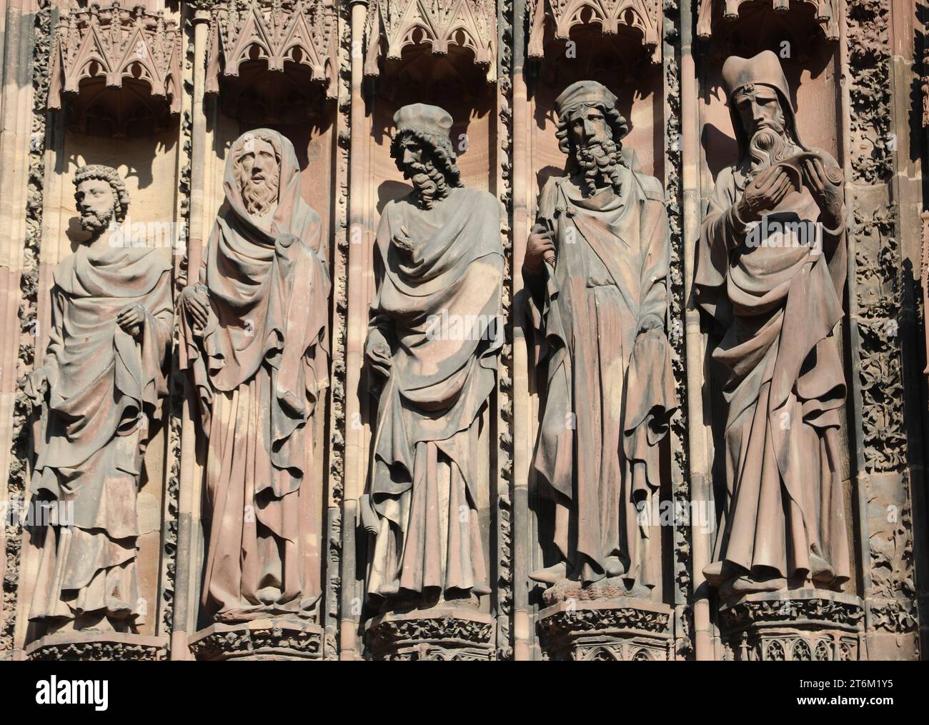 detail of ancient statues of religious and biblical characters in Strasbourg Cathedral in France Europe Stock Photo