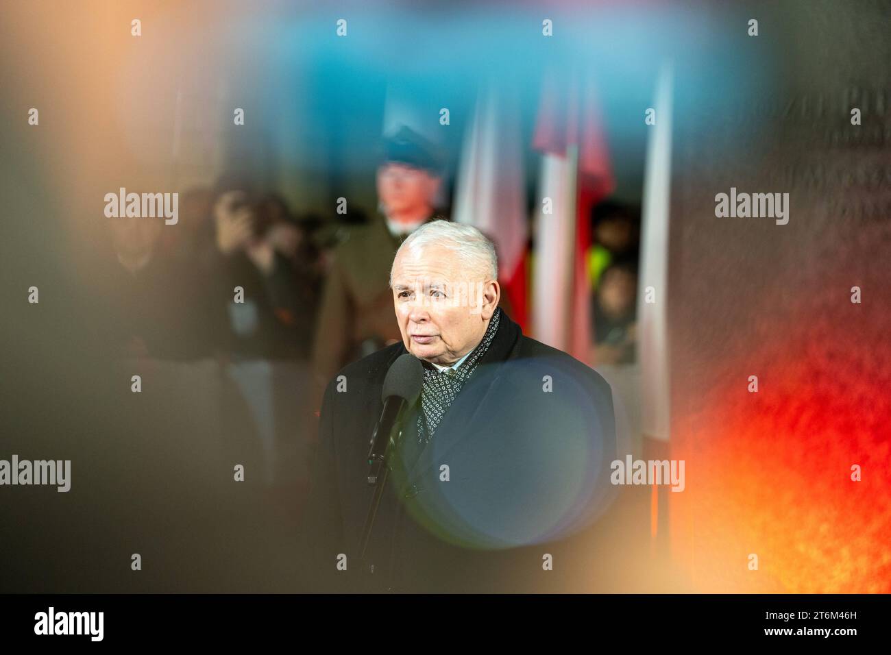 Eve of Poland s Independence Day In Warsaw. Leader of the outgoing ruling party PiS Prawo i Sprawiedliwosc party Jaroslaw Kaczynski addresses his supporters on the eve of Poland s independence day in Warsaw, Poland, on November 10, 2023. Warsaw Poland Eve of Poland s Independence Day In Warsaw. Copyright: xMarekxAntonixIwanczukx MAI00463 Stock Photo