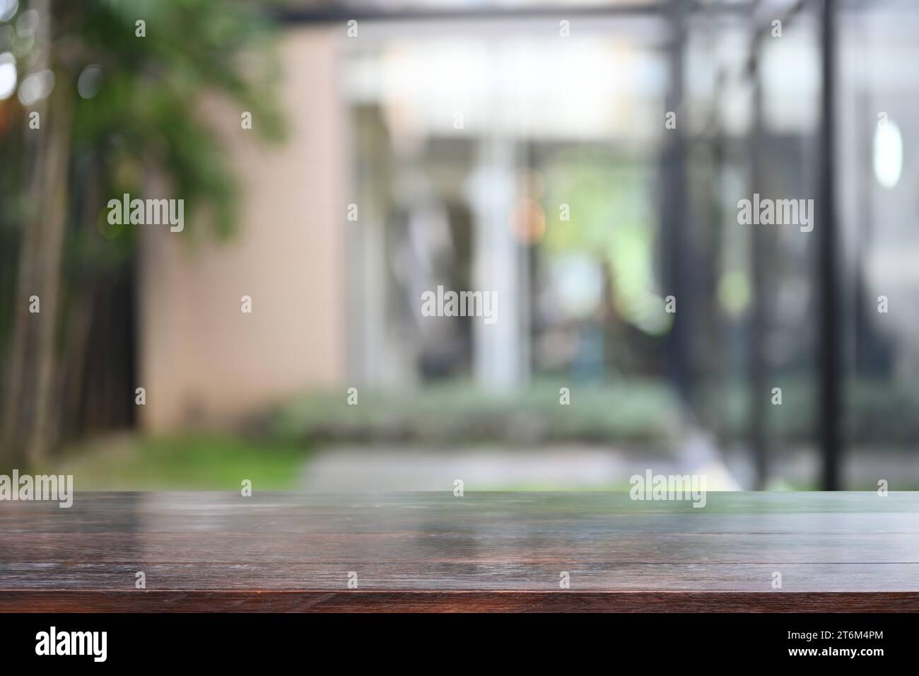 Wooden table on blurred garden background. For display or montage your products Stock Photo