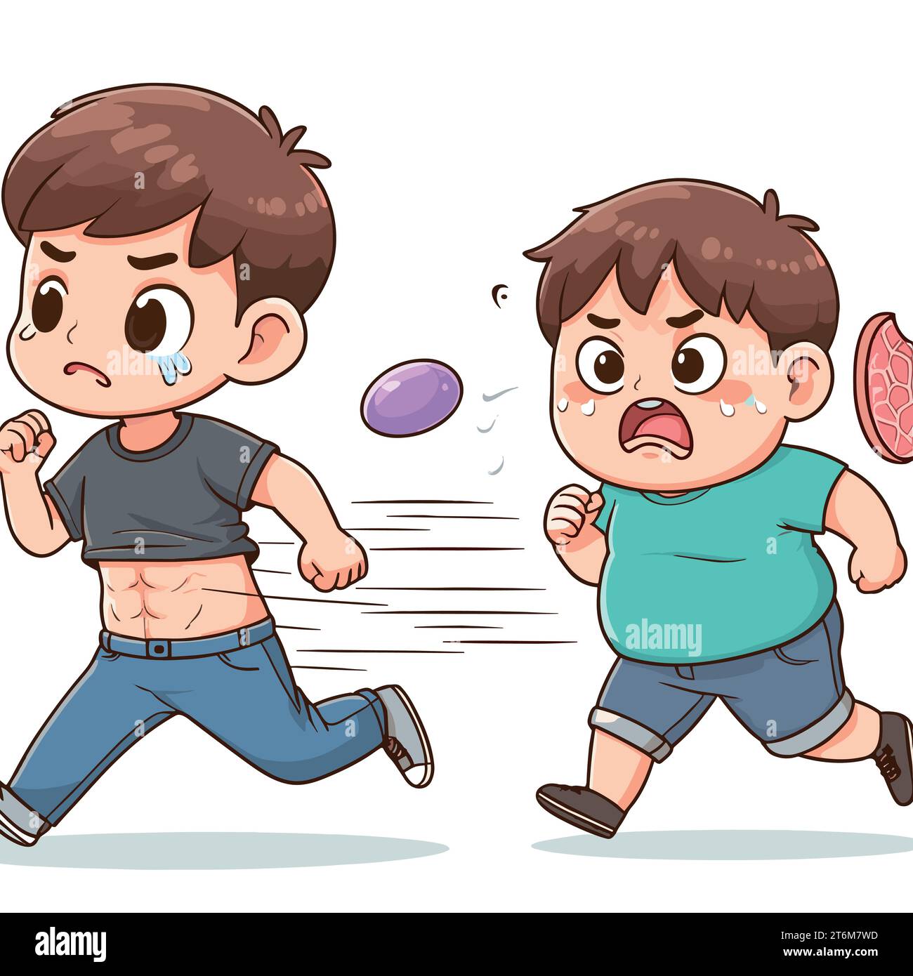 Boy running chased by germs, bacteria, fat cells Stock Vector