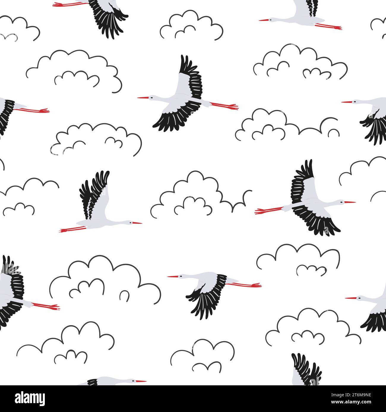 Seamless flying stork birds and doodle clouds pattern. Vector illustration Stock Vector