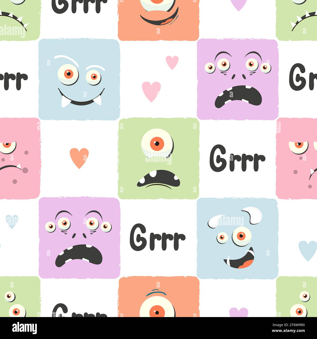 Colorful monster faces seamless pattern. Funny vector illustration, textile print Stock Vector