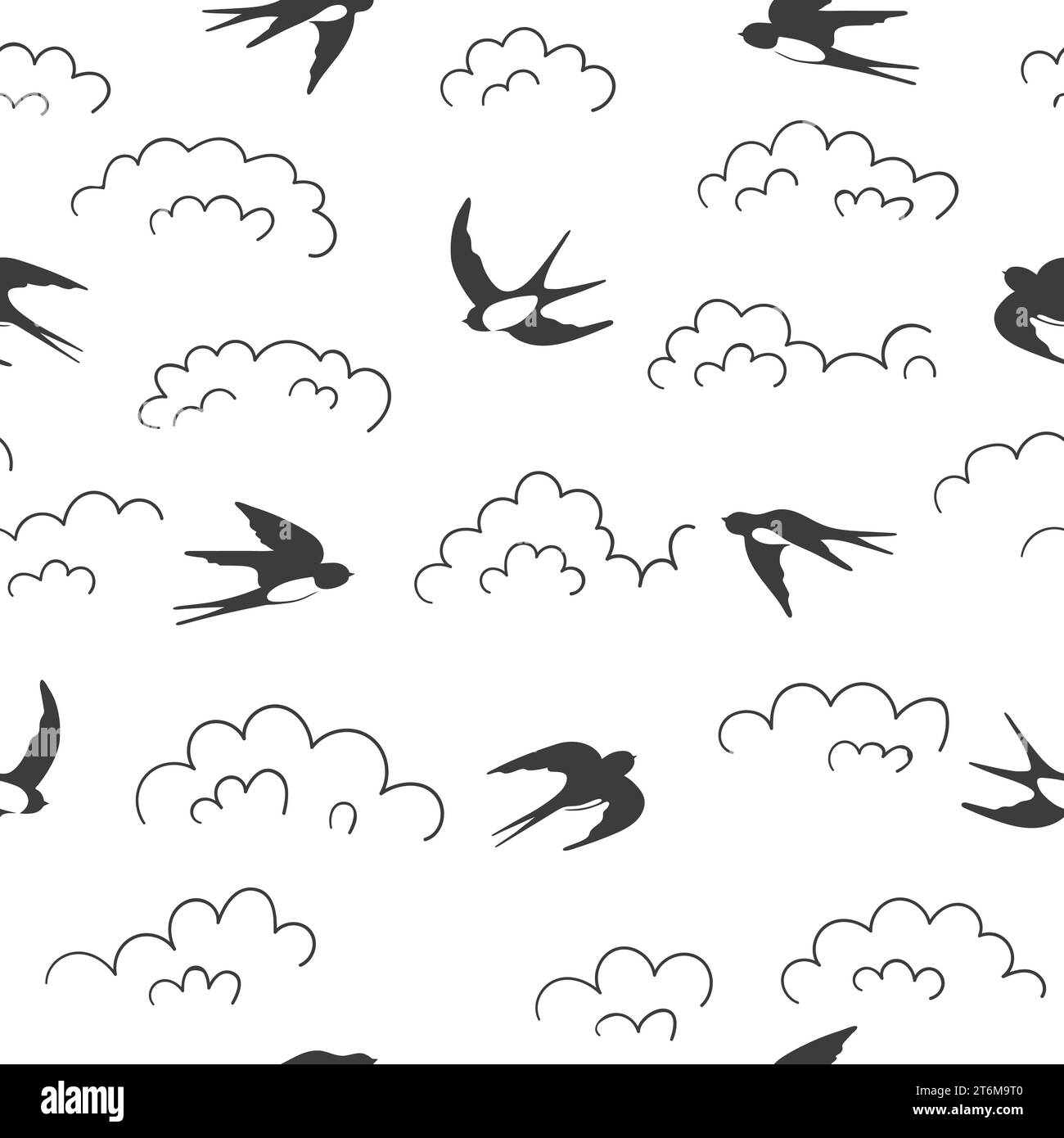 Seamless pattern with flying swallows and clouds. Vector black and white birds illustration Stock Vector