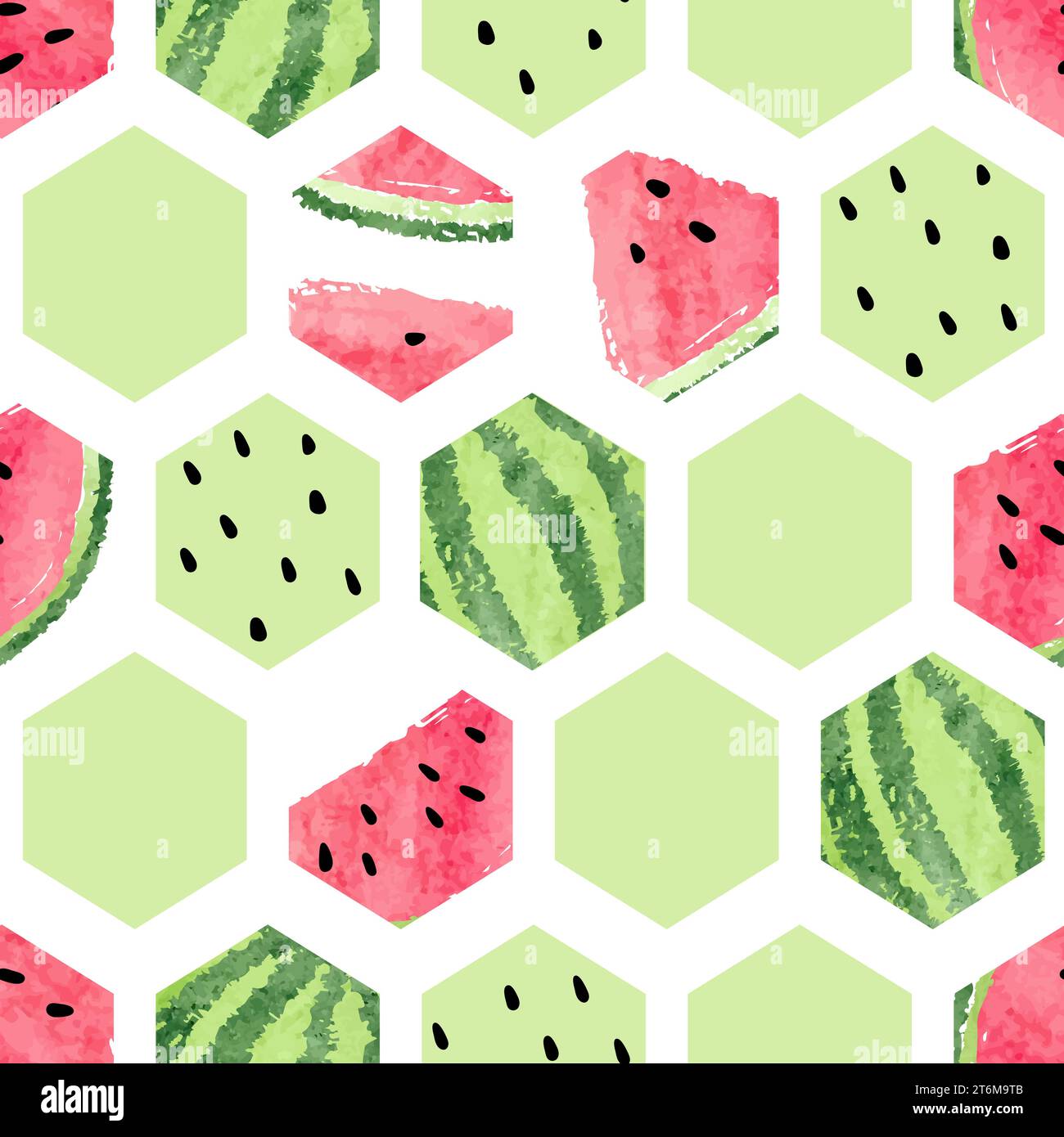 Seamless abstract summer pattern with watermelon. Vector hexagon geometric background Stock Vector