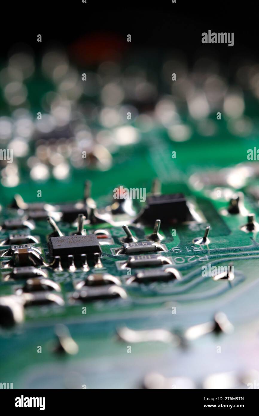 Green electronic circuit board close up. Macrophotograph Stock Photo ...