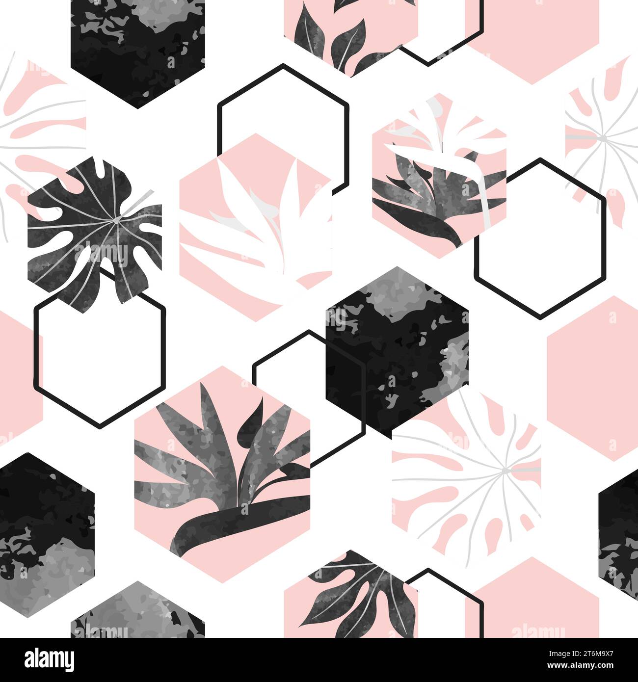 Seamless abstract pattern with hexagons tropical leaves. Vector geometric background. Summer design Stock Vector