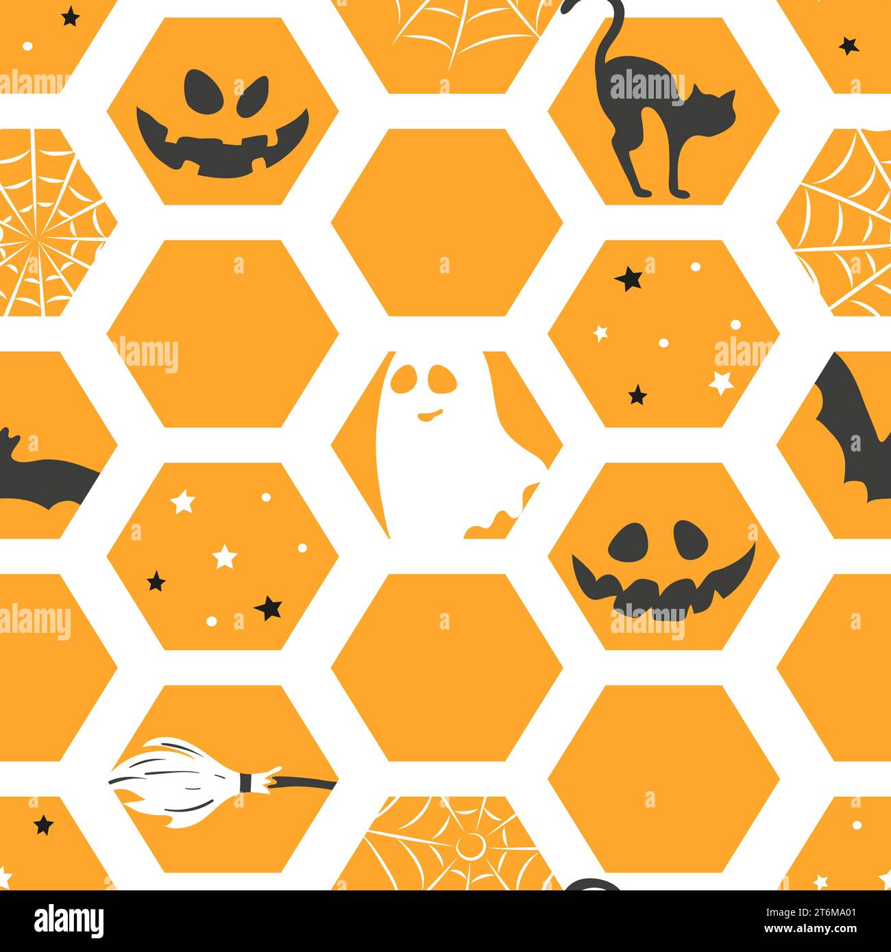 Halloween abstract pattern. Wrapping paper design with pumpkin, black cat, bat and ghost Stock Vector