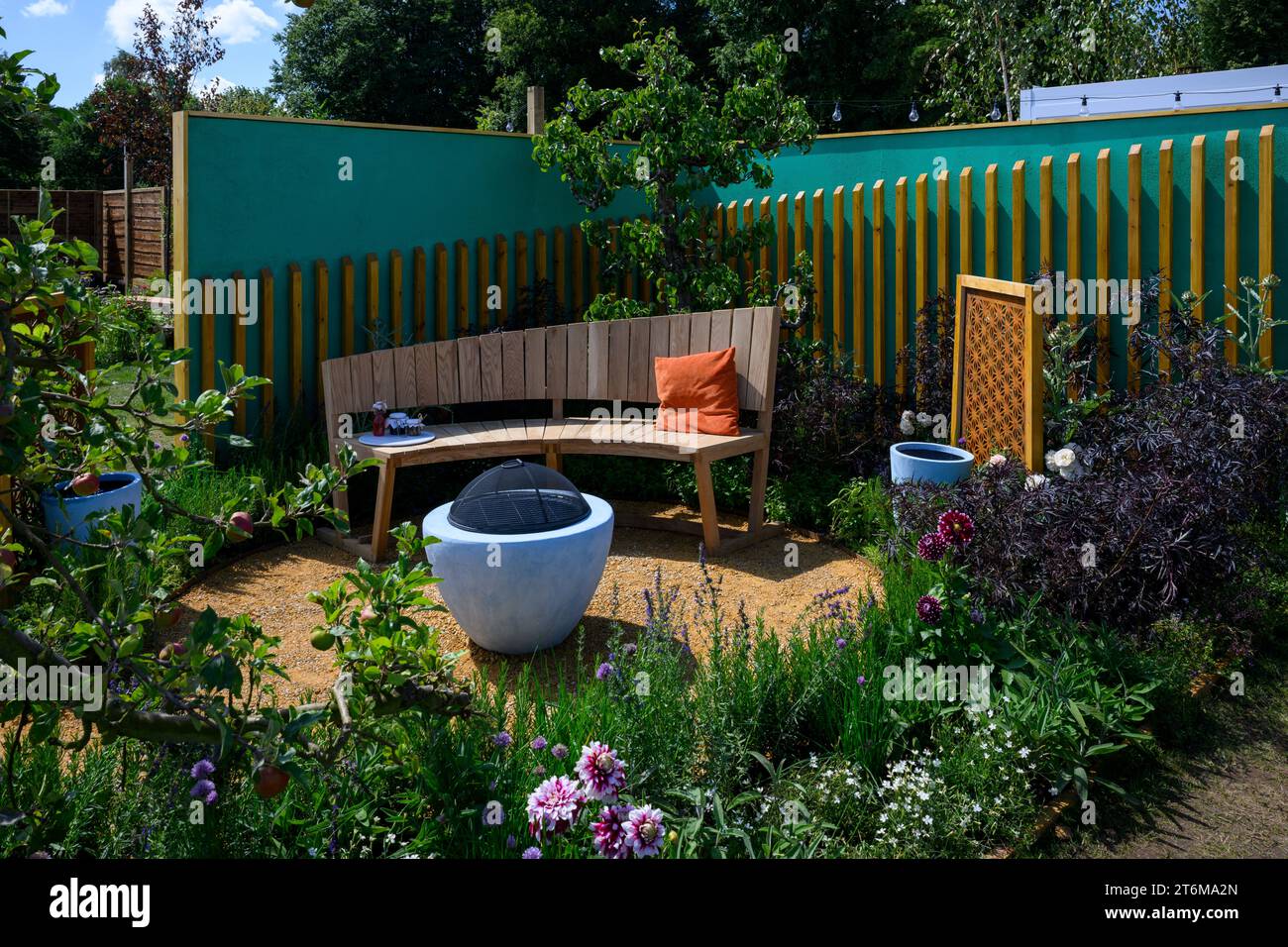 The Empowerment Garden competition entry (small patio terrace, flowers, herbs & edibles) - RHS Tatton Park Flower Show 2023, Cheshire, England UK. Stock Photo