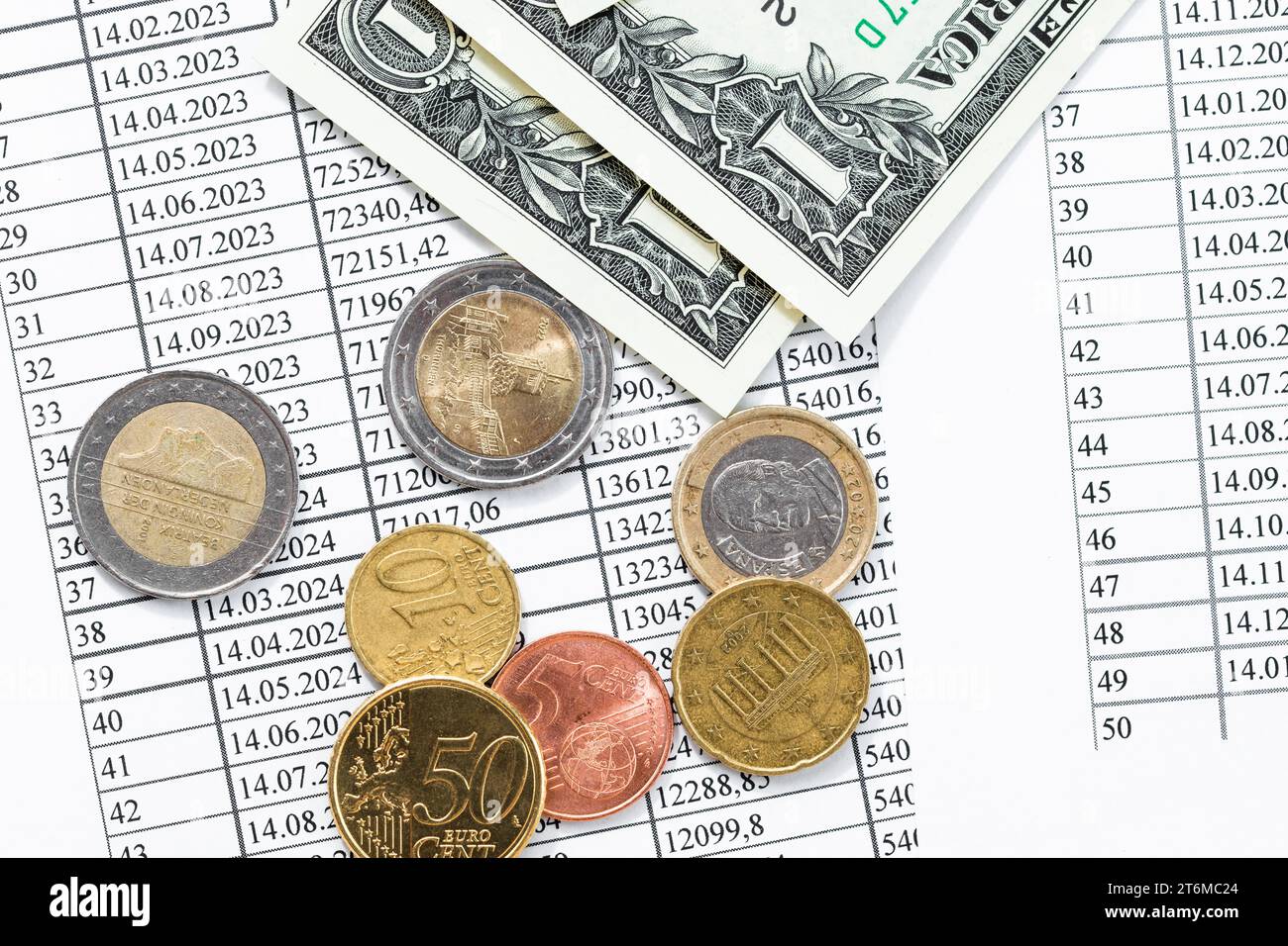 View from the top of banknotes, coins and payroll, money in a financial analyzing concept. Stock Photo