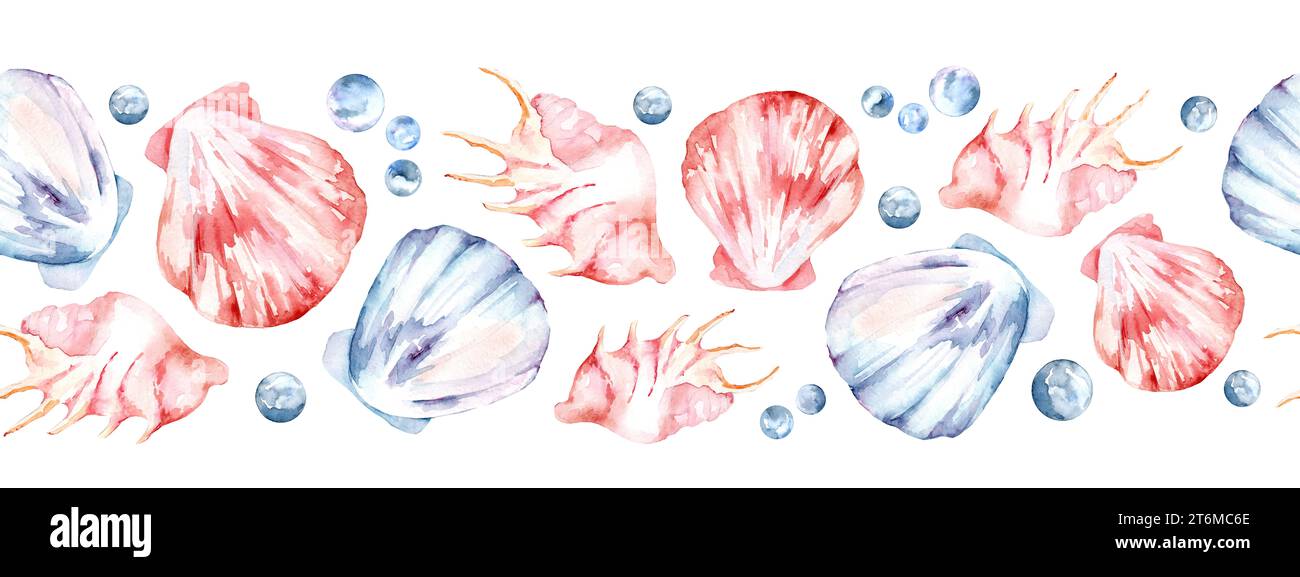Sea Shell Bordered Design Seamless Border with Seashells. Hand drawn watercolor illustration on ...