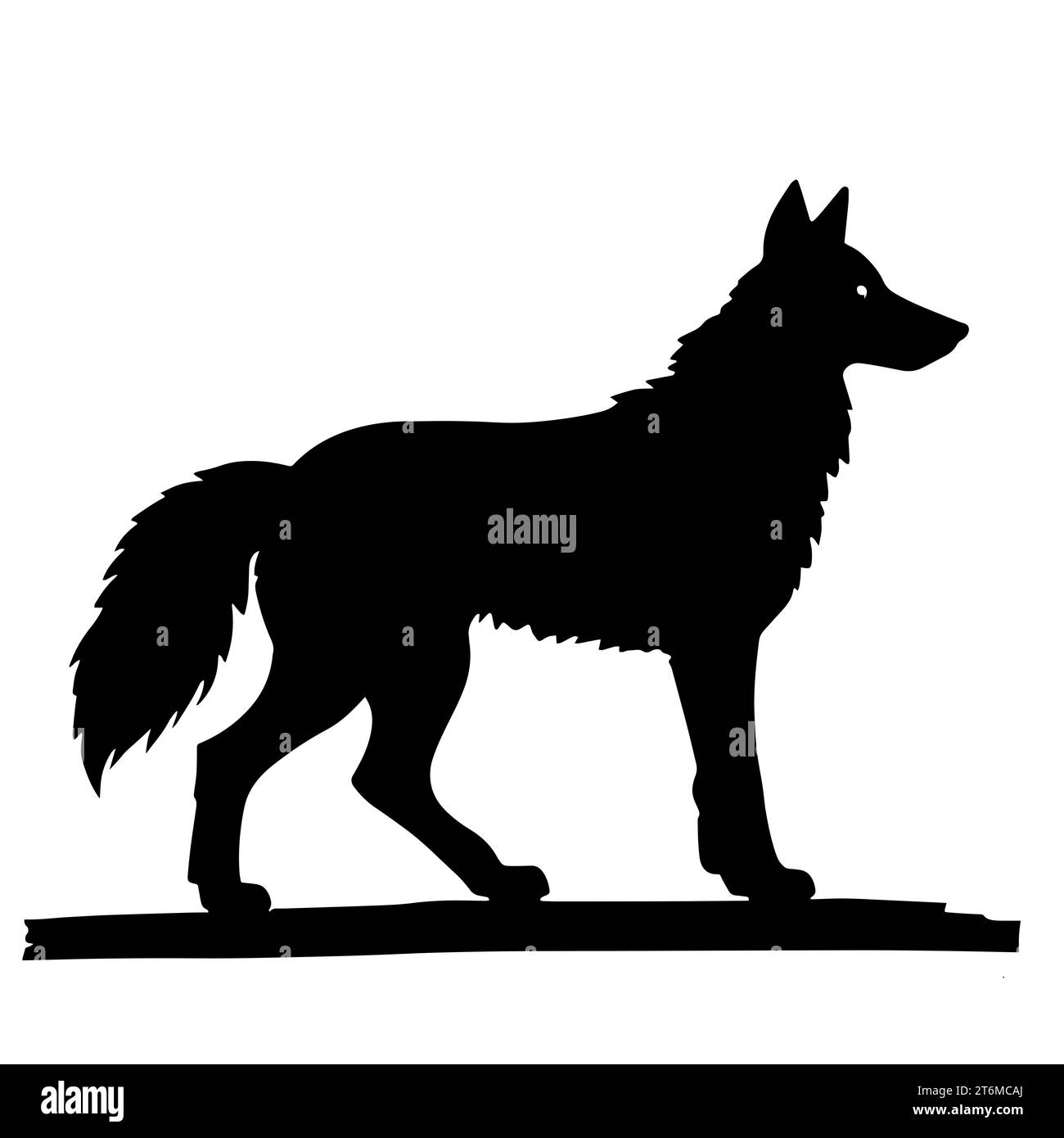 black and white illustration of a wolf with a thick fur coat and sharp