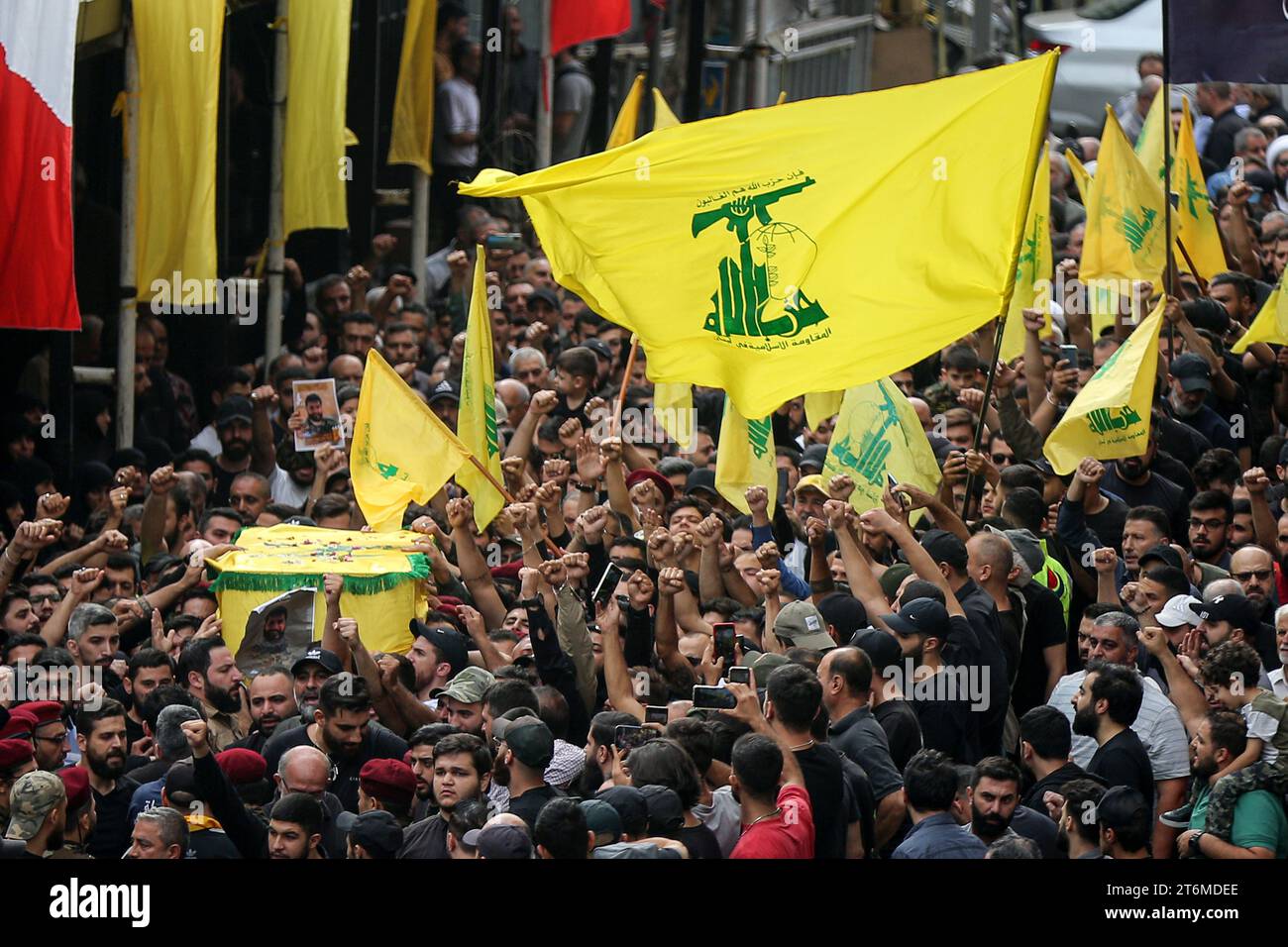 11 November 2023, Lebanon, Beirut ProIranian Hezbollah fighters chant