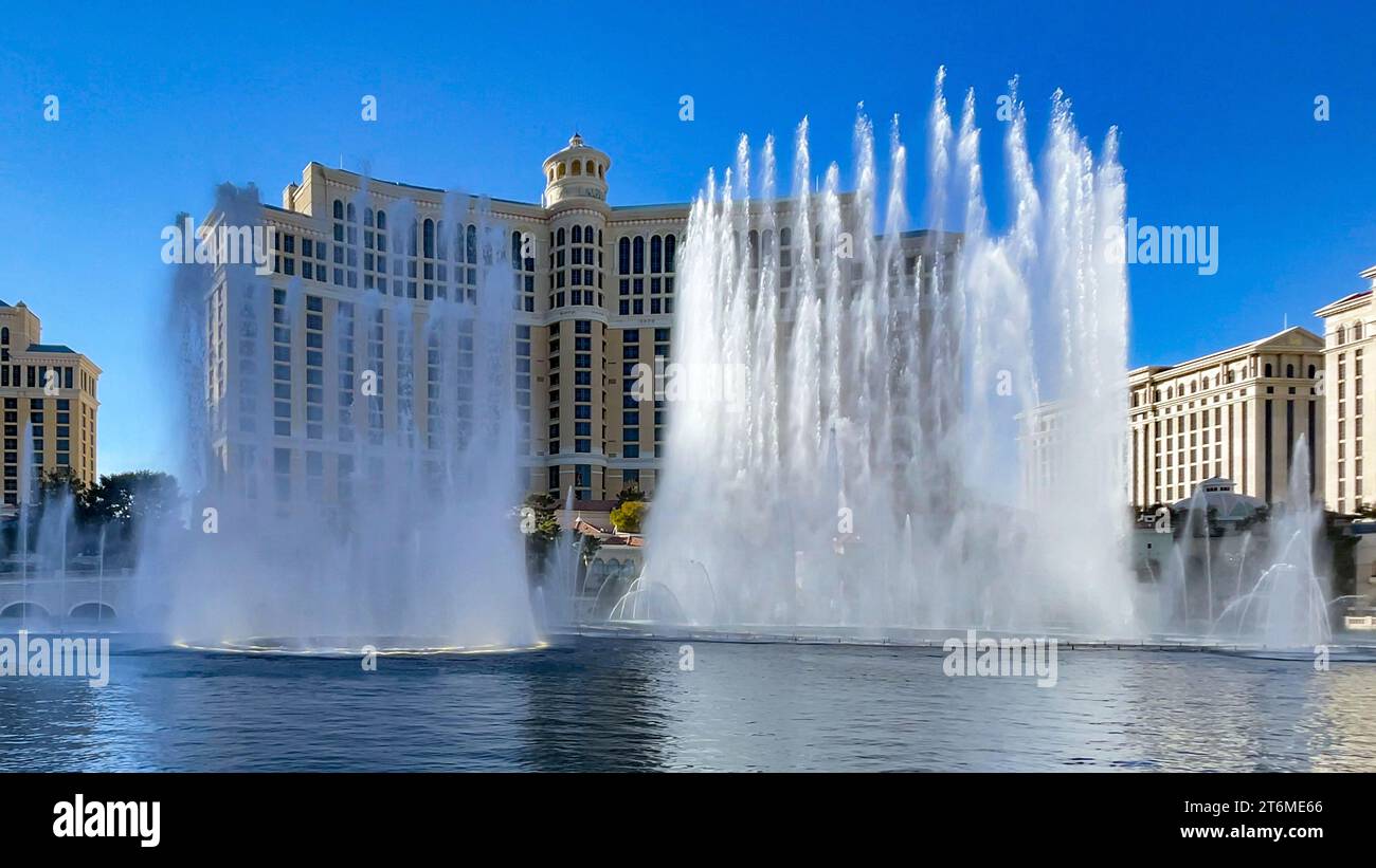 Las Vegas, USA; October 22, 2023: Photo of the famous and spectacular Bellagio casino hotel with its magnificent water fountains synchronized to the m Stock Photo