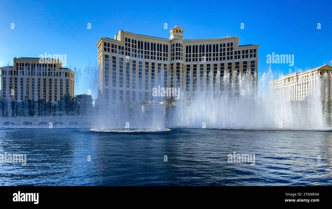 Las Vegas, USA; October 22, 2023: The famous and spectacular Bellagio casino hotel with its magnificent water fountains synchronized to the music of t Stock Photo