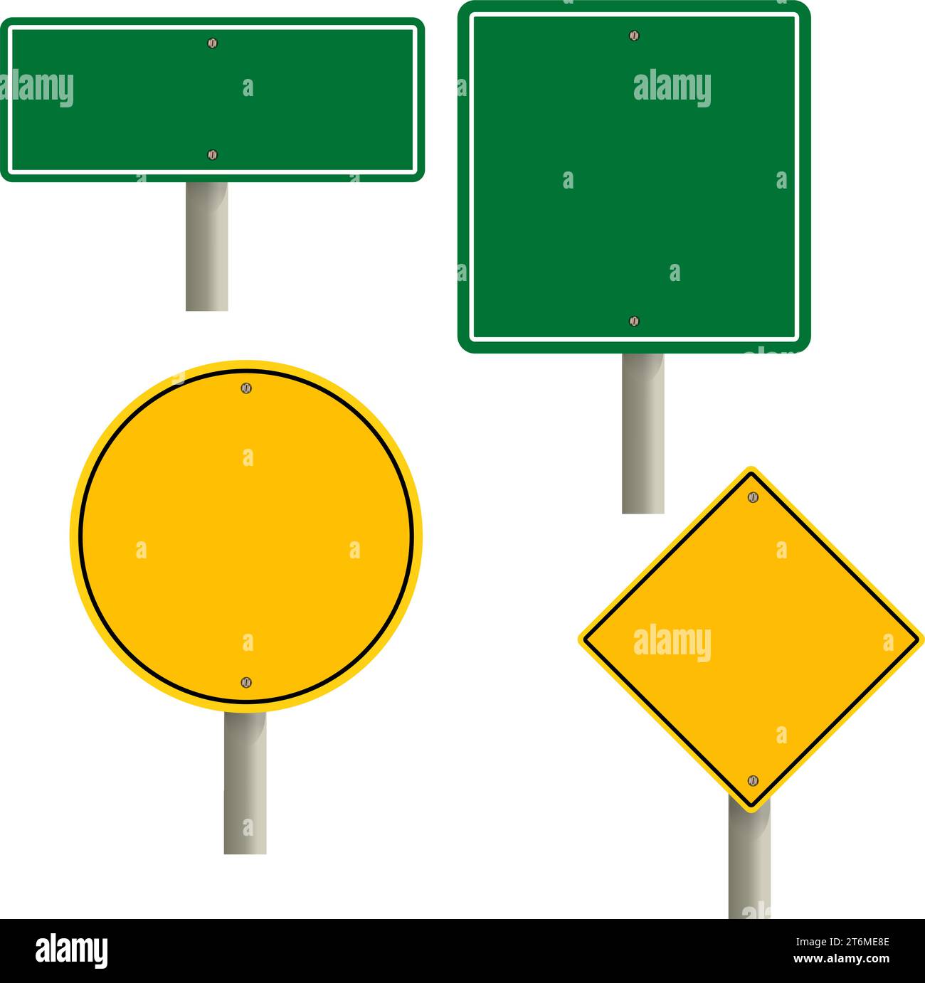 road sign blank template. Road sign set traffic blank sign mockup blank. Highway signs.  yellow pointers on the road, traffic control signs. Stock Vector