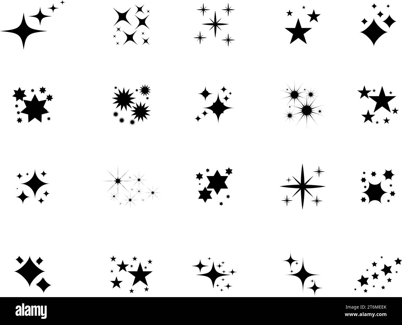 A set of shining and glowing stars, sparkle star icons, and stars with festive decoration particles create an abstract straight effect. Twinkling star Stock Vector