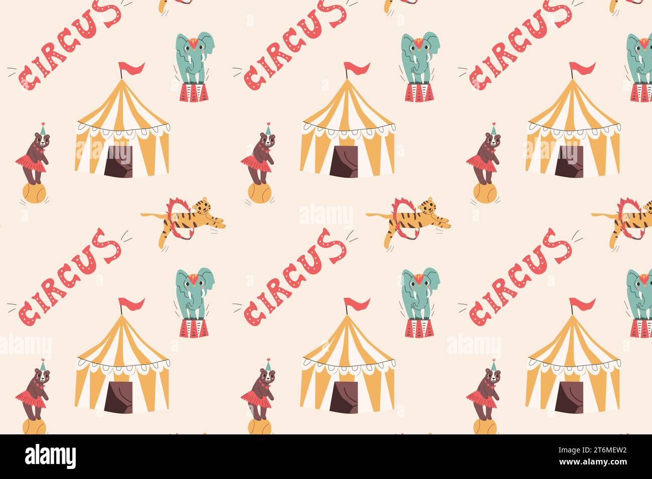 cute seamless pattern with circus animals and tent Stock Vector