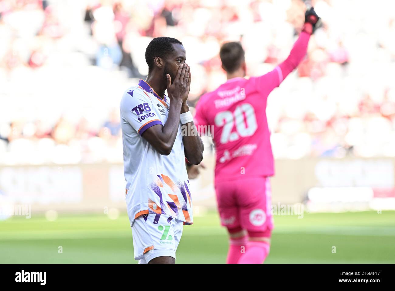 Sydney, Australia. 11th November 2023;  CommBank Stadium, Sydney, NSW, Australia; A-League Football, Western Sydney Wanderers versus Perth Glory; Bruce Kamau of Perth Glory reacts after missing a chance to score Credit: Action Plus Sports Images/Alamy Live News Stock Photo