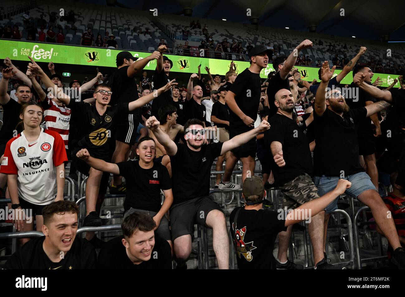 Sydney, Australia. 11th November 2023;  CommBank Stadium, Sydney, NSW, Australia; A-League Football, Western Sydney Wanderers versus Perth Glory; Western Sydney fans celebrate their 2-0 victory over Perth Credit: Action Plus Sports Images/Alamy Live News Stock Photo