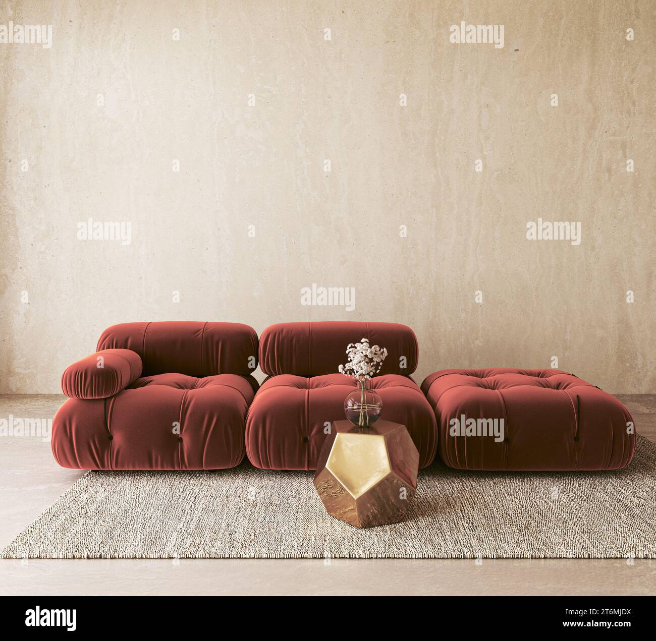 Velvet red sofas with gold accent table in modern interior Stock Photo