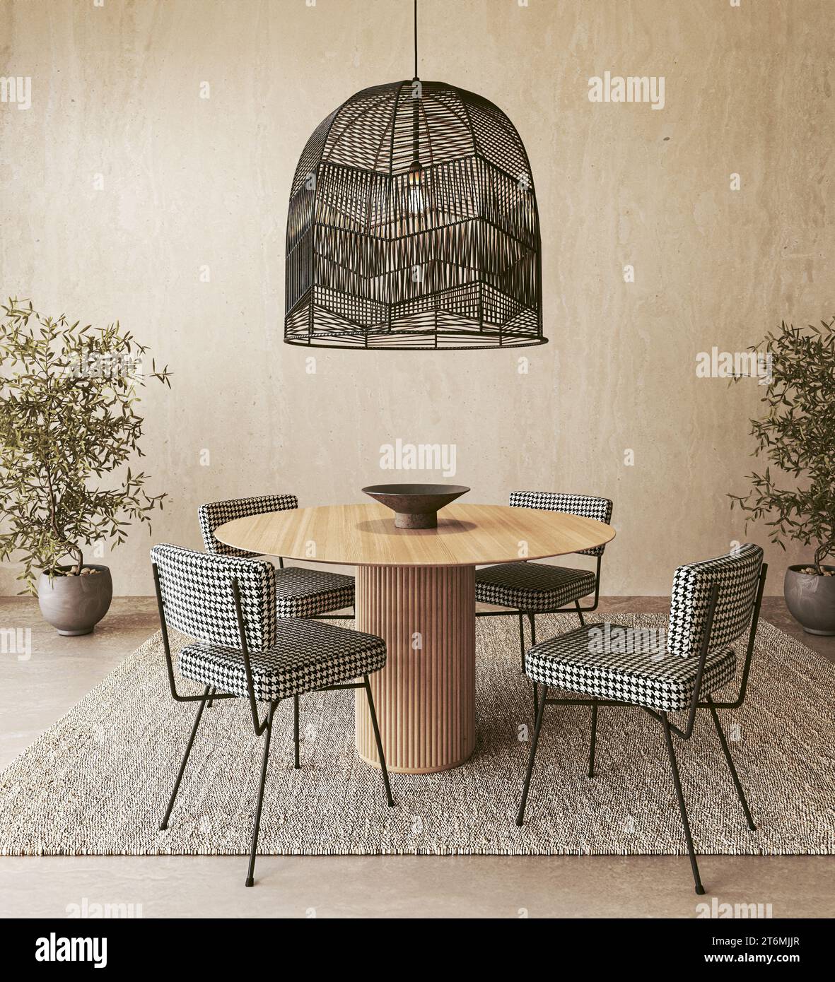 Stylish Dining Room with Houndstooth Chairs and Pendant Light Stock Photo