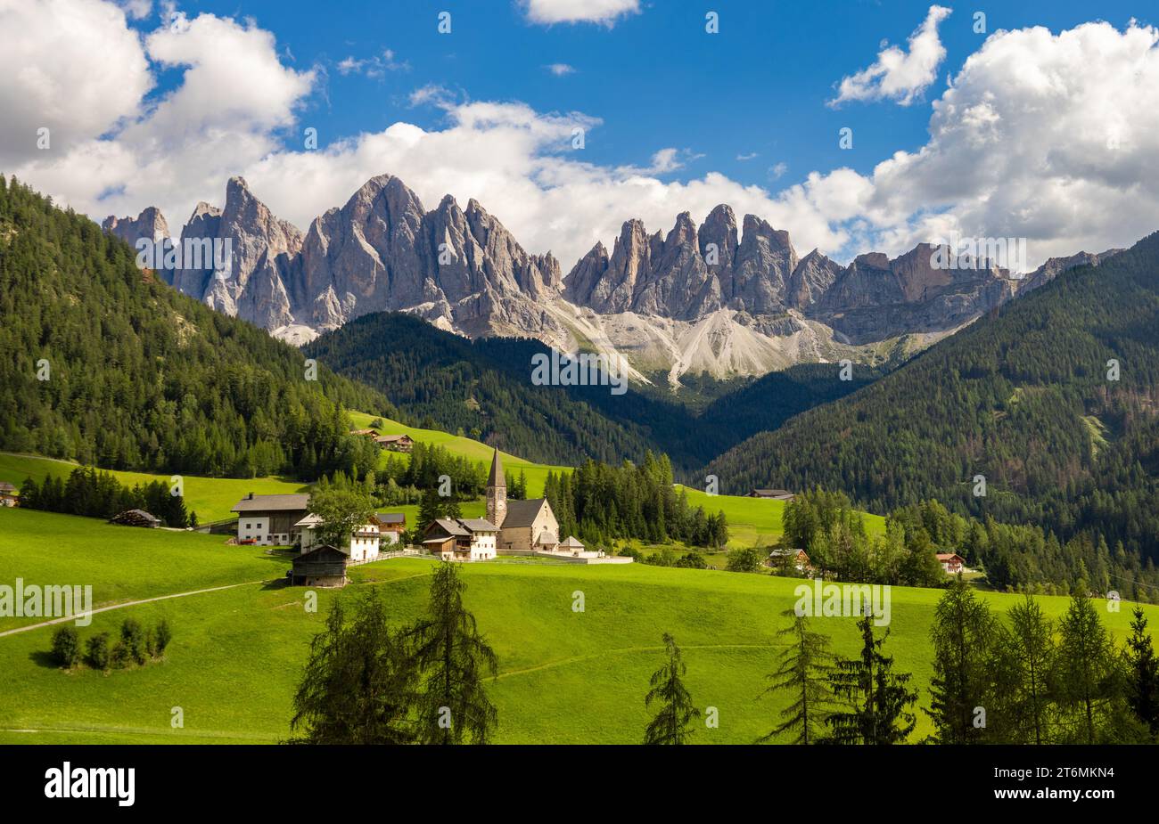 View of chiesa di Santa Maddalena, Dolomites, Italy Stock Photo