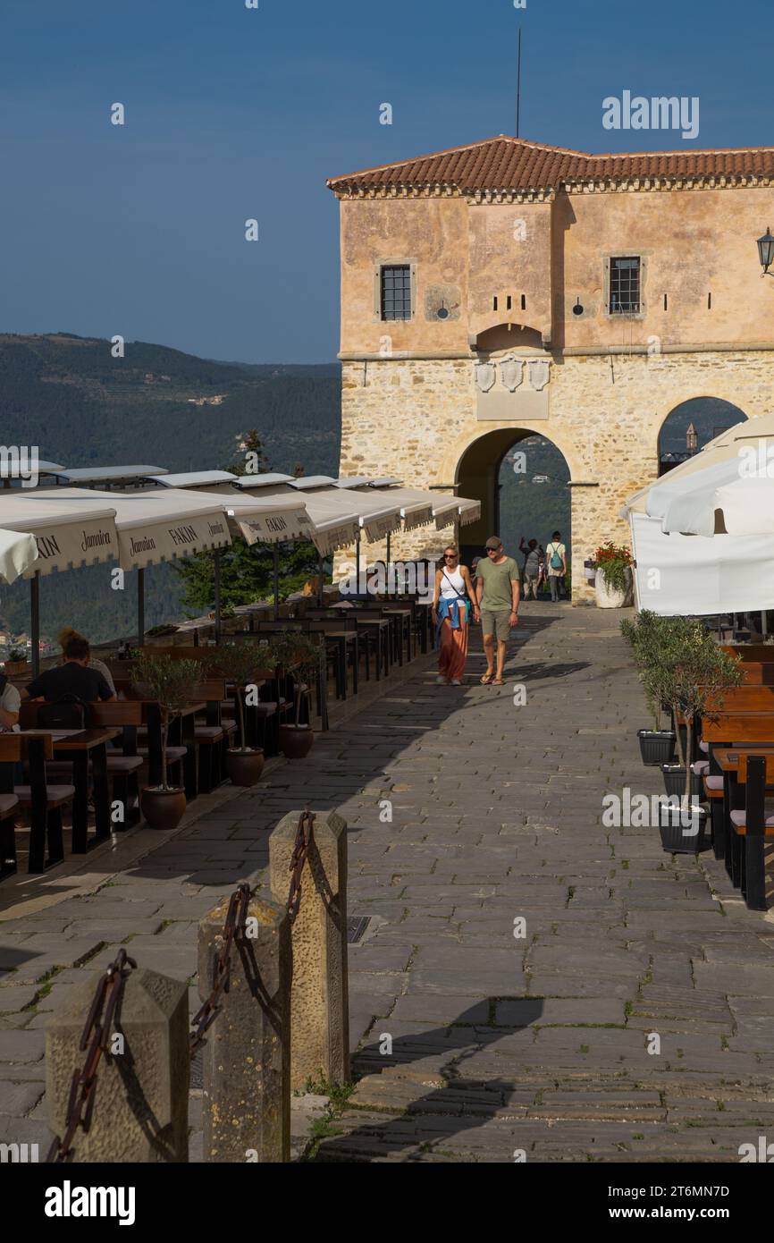 Hilltop Restaurant with City Gate, Motovun, Central Istria, Croatia Stock Photo