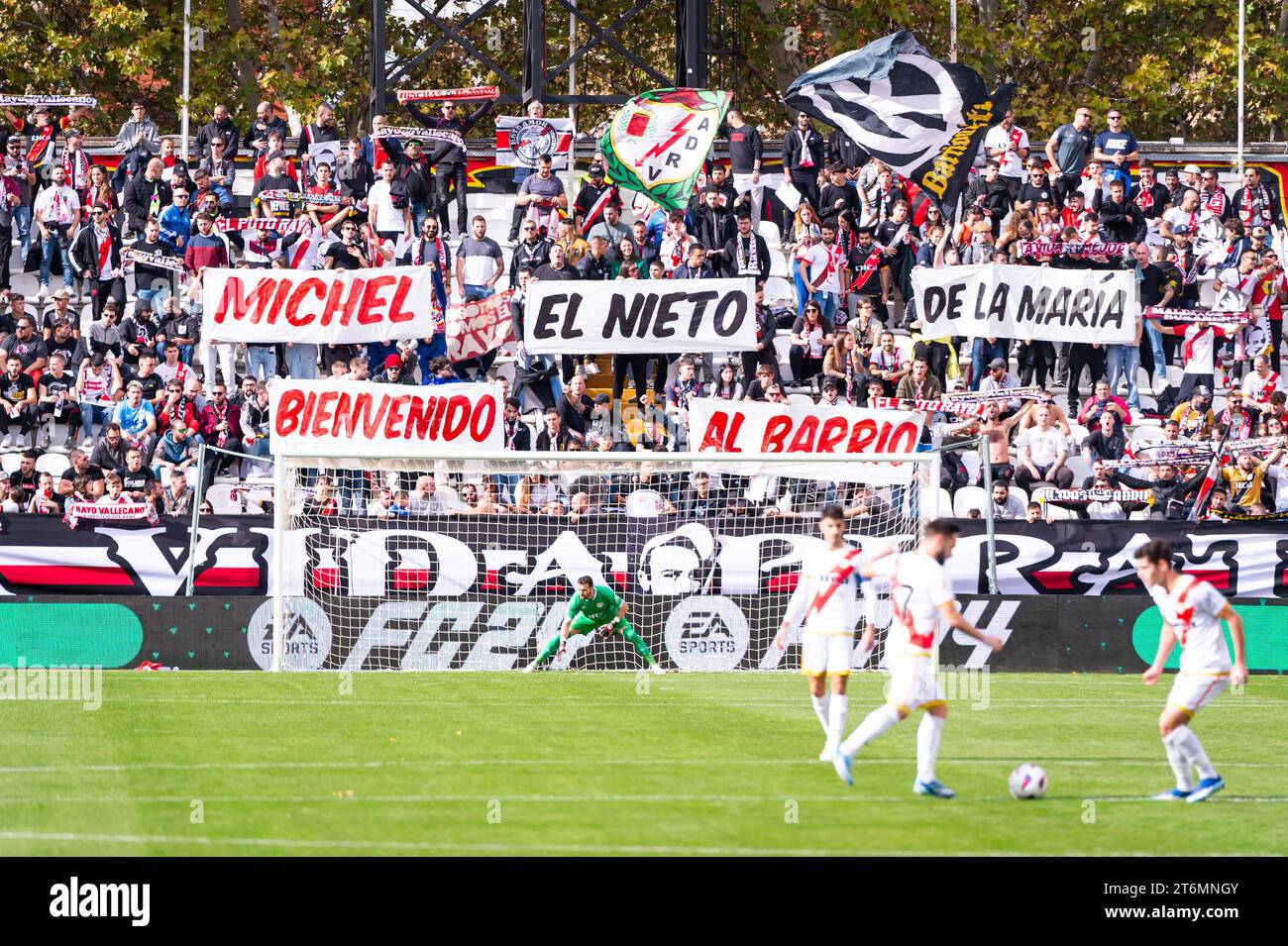 November 11, 2023, Madrid, Madrid, Spain: Rayo Vallecano fans display a banner in homage to Miguel Angel Sanchez Munoz, better known as Michel, historical figure of Rayo Vallecano and current coach of Girona, before the La Liga EA Sports 2022/23 football match between Rayo Vallecano vs Girona at Estadio de Vallecas in Madrid, Spain. (Credit Image: © Alberto Gardin/ZUMA Press Wire) EDITORIAL USAGE ONLY! Not for Commercial USAGE! Stock Photo