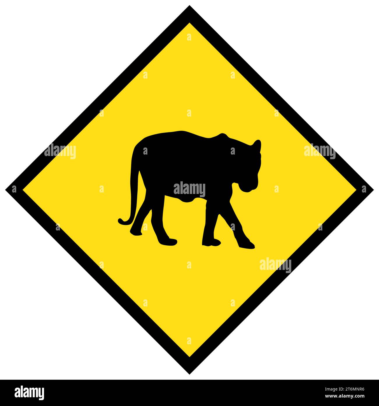 Yellow road sign: Tiger Crossing Zone. Drive slowly for animal safety. Common on roads. Vector illustration on white background. Warning sign of tiger Stock Vector