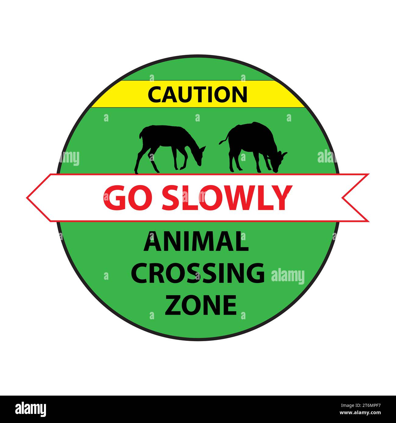road sign: Animal Crossing Zone. Deer and willd ox. Drive slowly for animal safety. Common on roads. Vector illustration on white background. Stock Vector