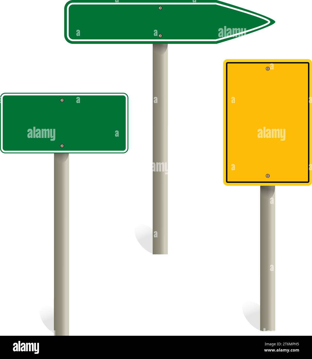 road sign blank template. Road sign set traffic blank sign mockup blank. Highway signs.  yellow pointers on the road, traffic control signs. Stock Vector