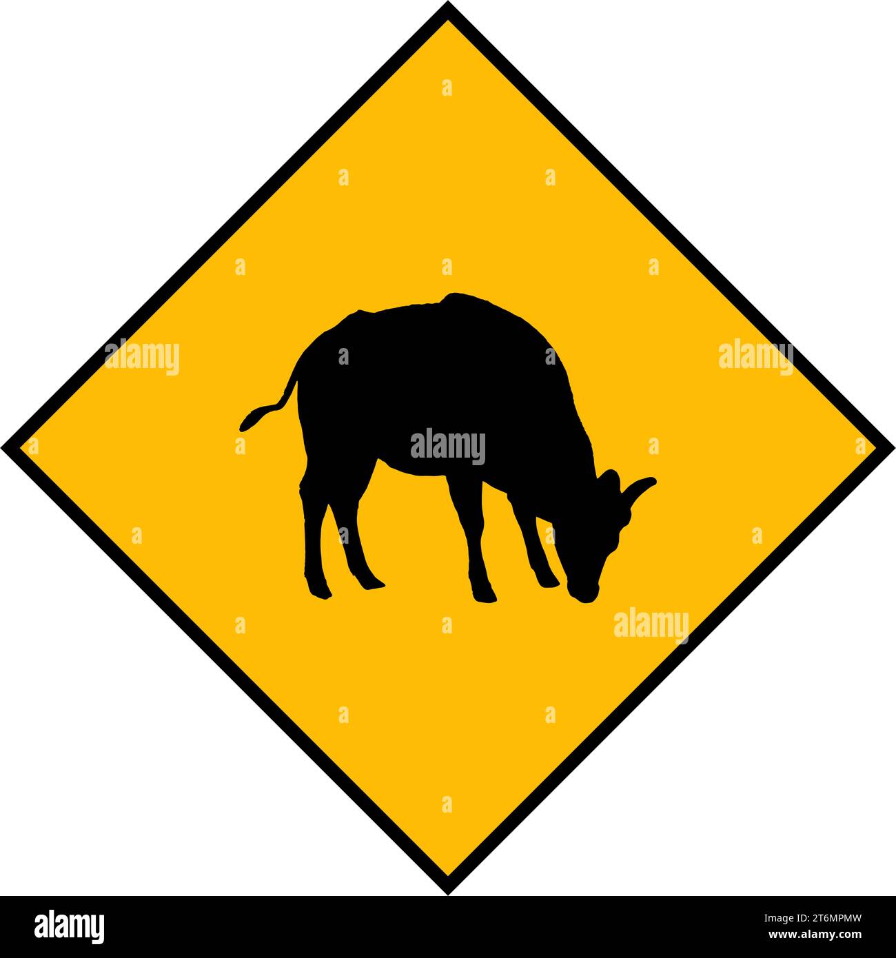 Yellow road sign: Cow Crossing Zone. warning signal. Drive slowly for animal safety. Common on roads. Vector illustration on white background. Stock Vector