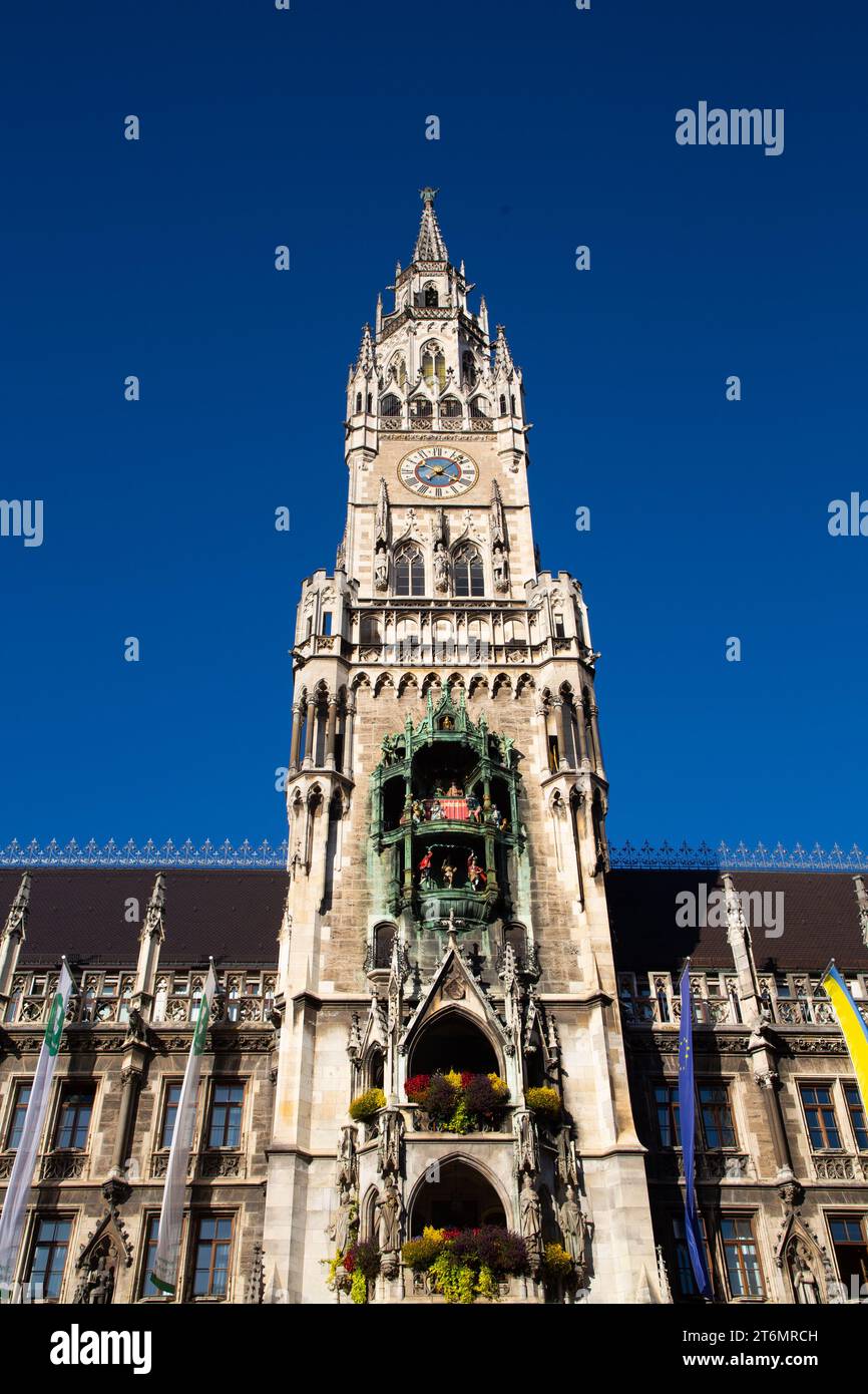 Clock Tower with Glockenspiel, New Town Hall, Marienplatz (Plaza, Square), Old Town, Munich, Bavaria, Germany Stock Photo