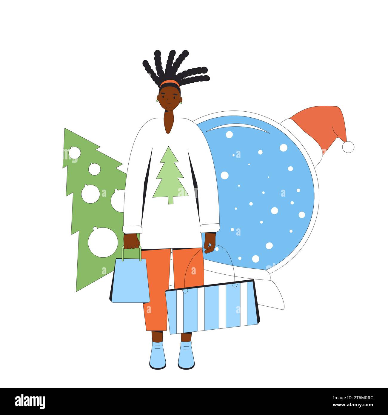 Woman standing with Christmas presents. Winter holiday shopping. Simple vector illustration Stock Vector