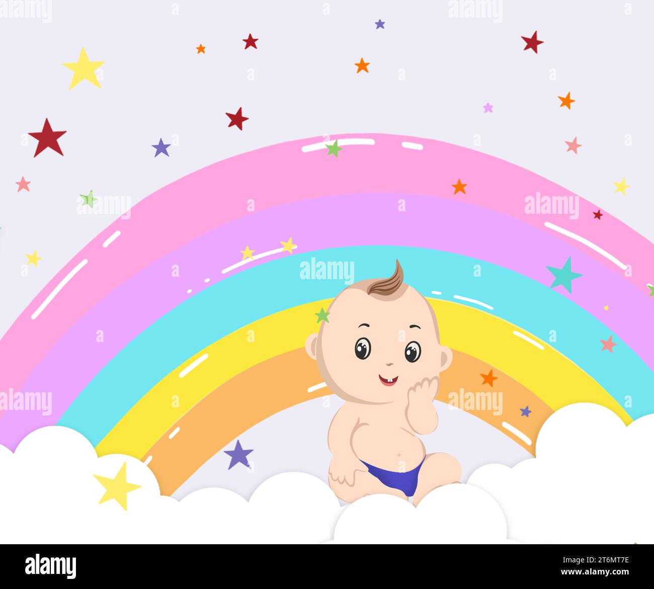 National Rainbow Baby Day card. Illustration of rainbow, clouds, stars