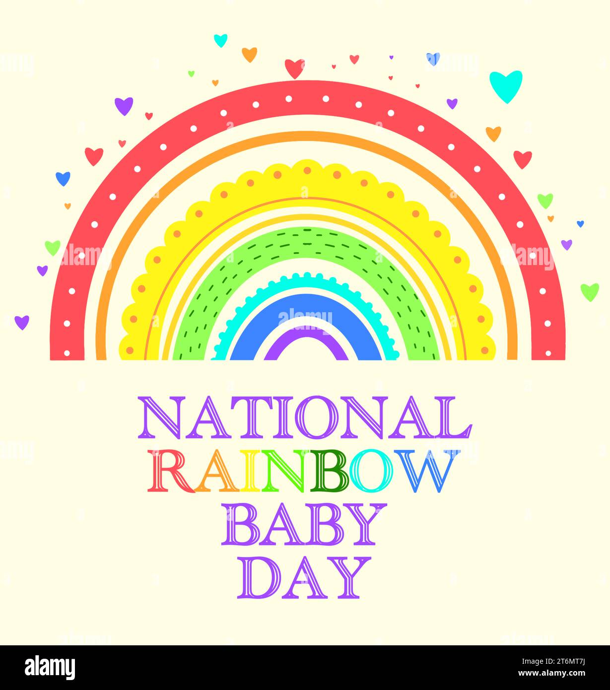National Rainbow Baby Day card. Rainbow and hearts on beige background ...