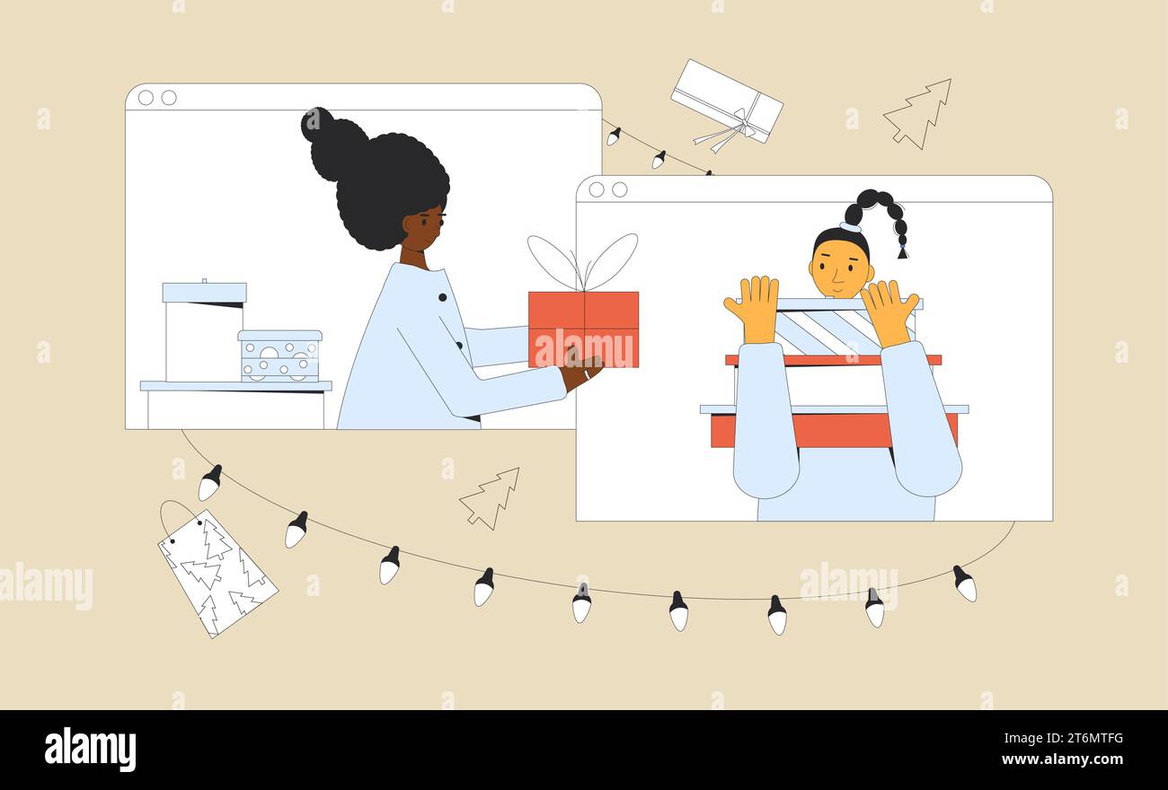Online Christmas gift exchange. Virtual Xmas event. Friends celebrating the New Year from a 