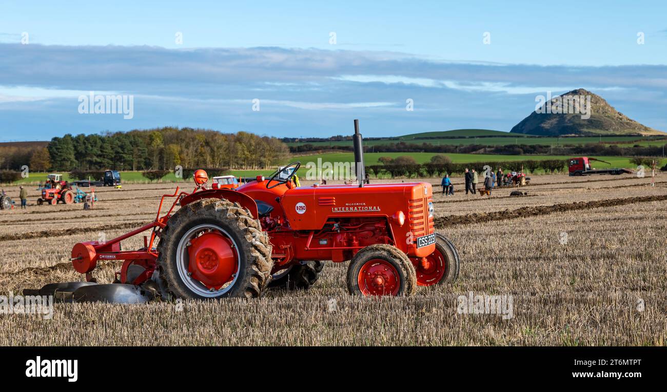 East Lothian, Scotland, UK, 11 November 2023. East Lothian Ploughing Association Match: the annual event takes place this year at East Fenton Farm, with participants in a variety of vintage tractors ploughing their patch of furrows judged on a variety of factors, including straightness, regularity, depth and clear of straw on a cold sunny day. Credit: Sally Anderson/Alamy Live News Stock Photo
