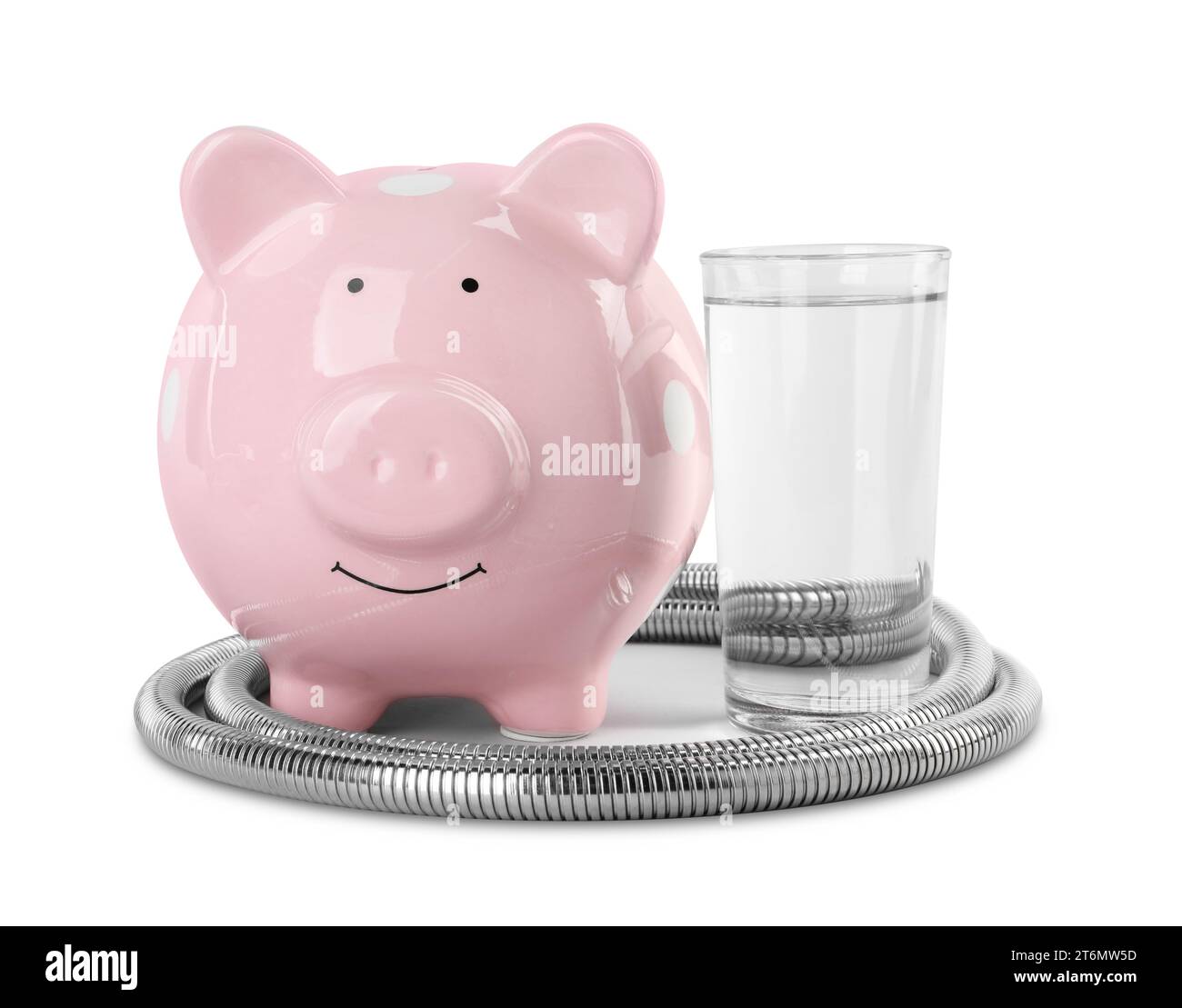 Water scarcity concept. Piggy bank, shower hose and glass of drink ...