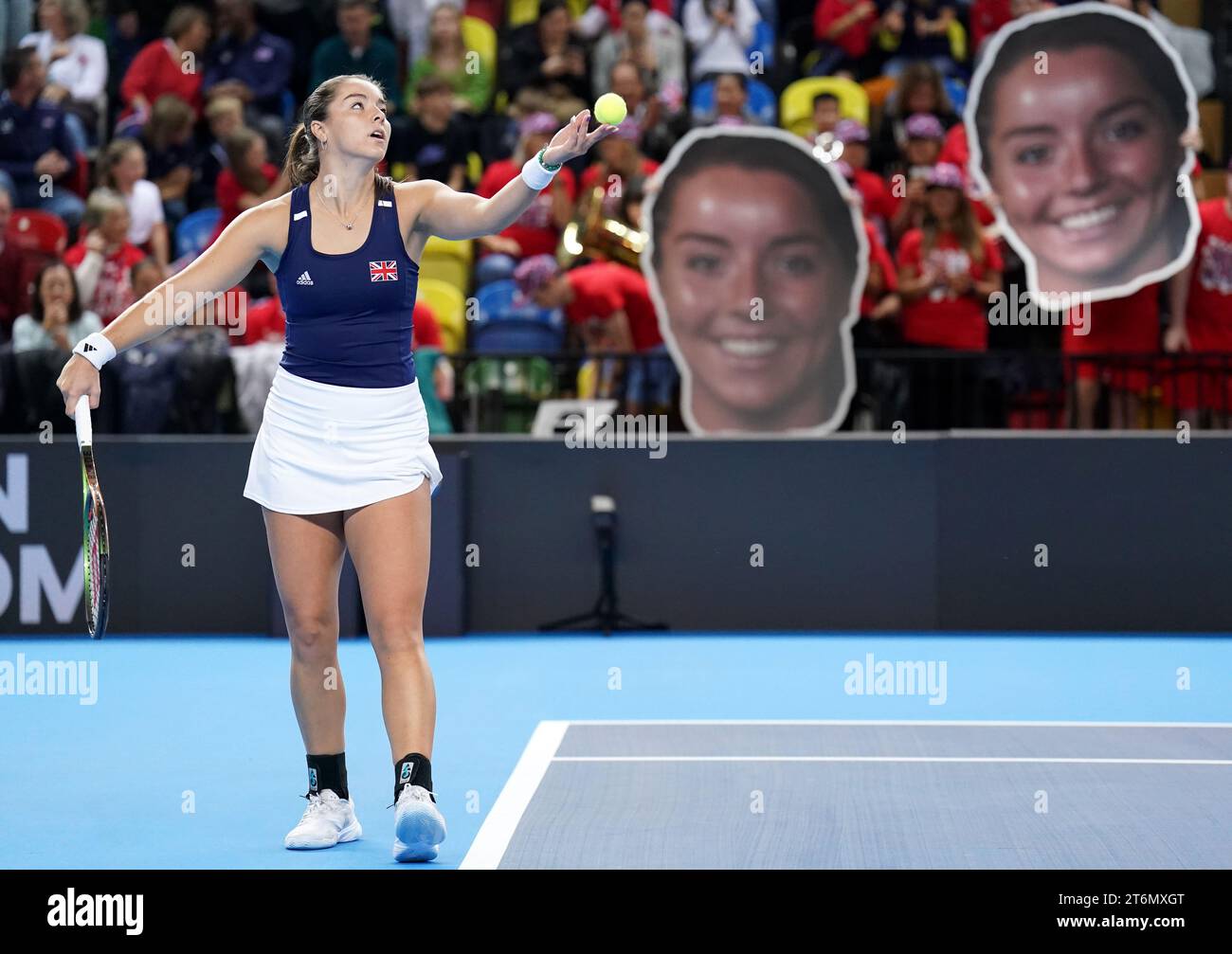 Great Britain's Jodie Burrage serves against Sweden's Kajsa Rinaldo Persson (not pictured) during day one of the 2023 Billie Jean King Cup play-off between Great Britain and Sweden at the Copper Box Arena, London. Picture date: Saturday November 11, 2023. Stock Photo
