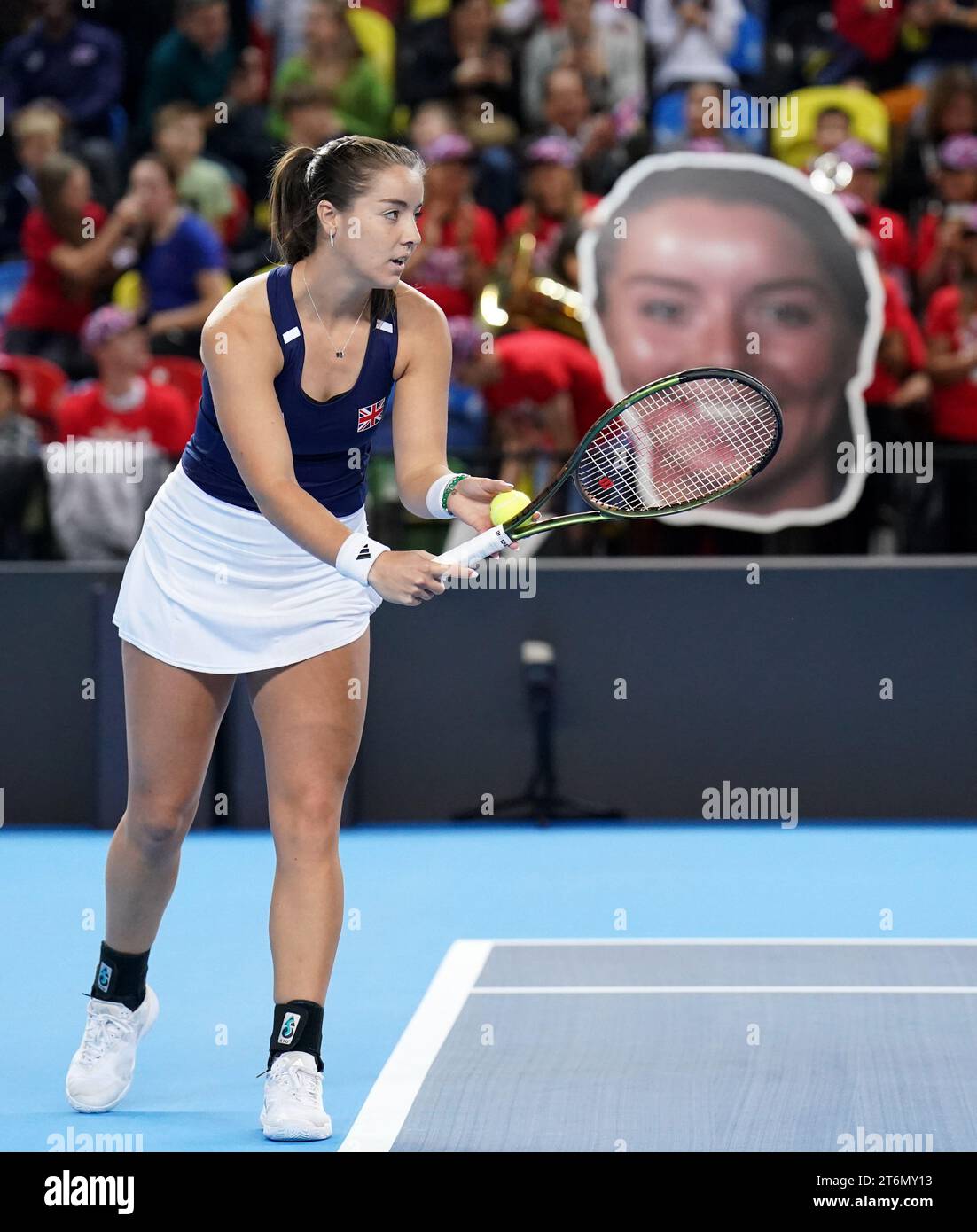 Great Britain's Jodie Burrage serves against Sweden's Kajsa Rinaldo Persson (not pictured) during day one of the 2023 Billie Jean King Cup play-off between Great Britain and Sweden at the Copper Box Arena, London. Picture date: Saturday November 11, 2023. Stock Photo