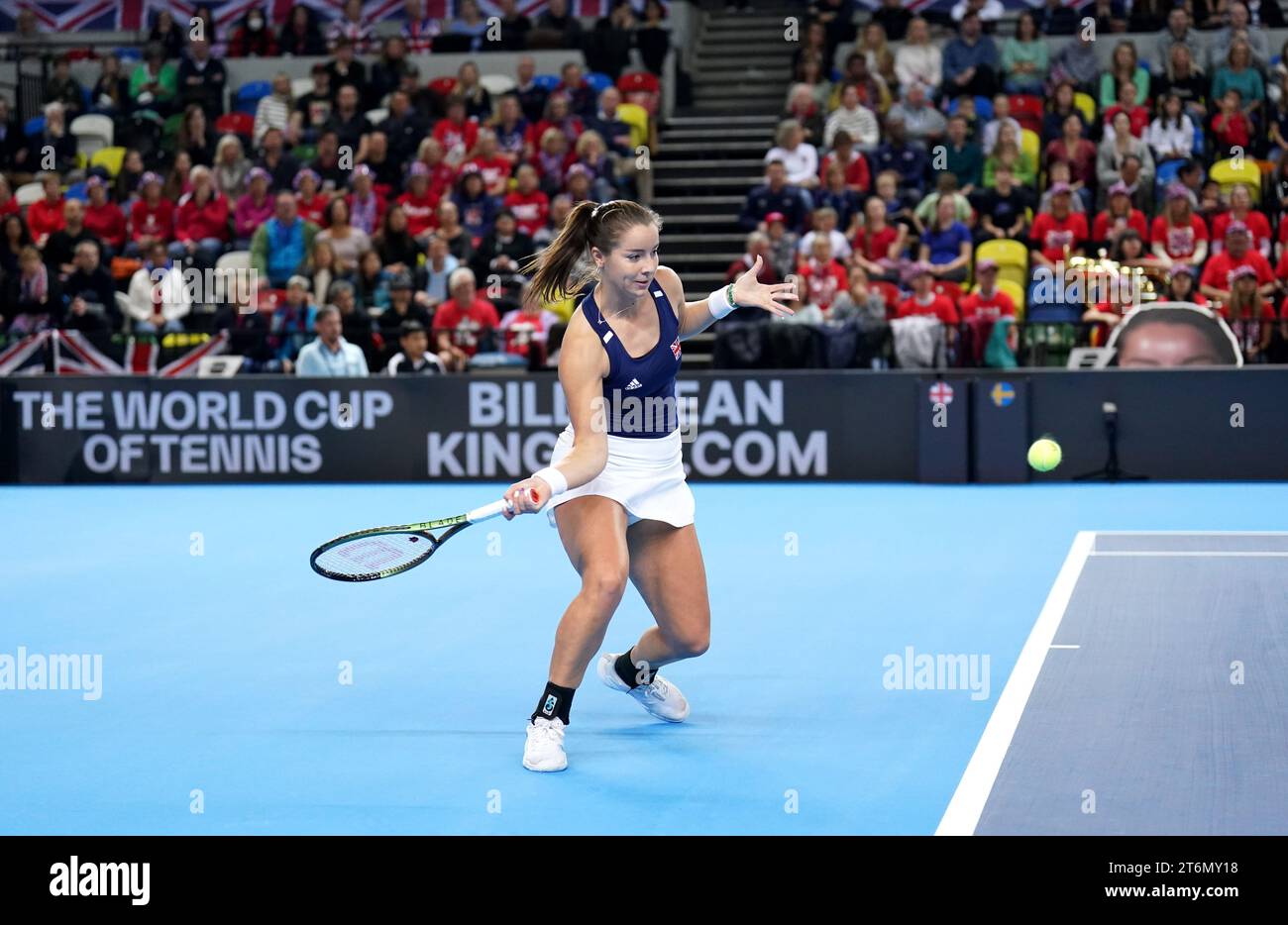 Great Britain's Jodie Burrage in action against Sweden's Kajsa Rinaldo Persson (not pictured) during day one of the 2023 Billie Jean King Cup play-off between Great Britain and Sweden at the Copper Box Arena, London. Picture date: Saturday November 11, 2023. Stock Photo