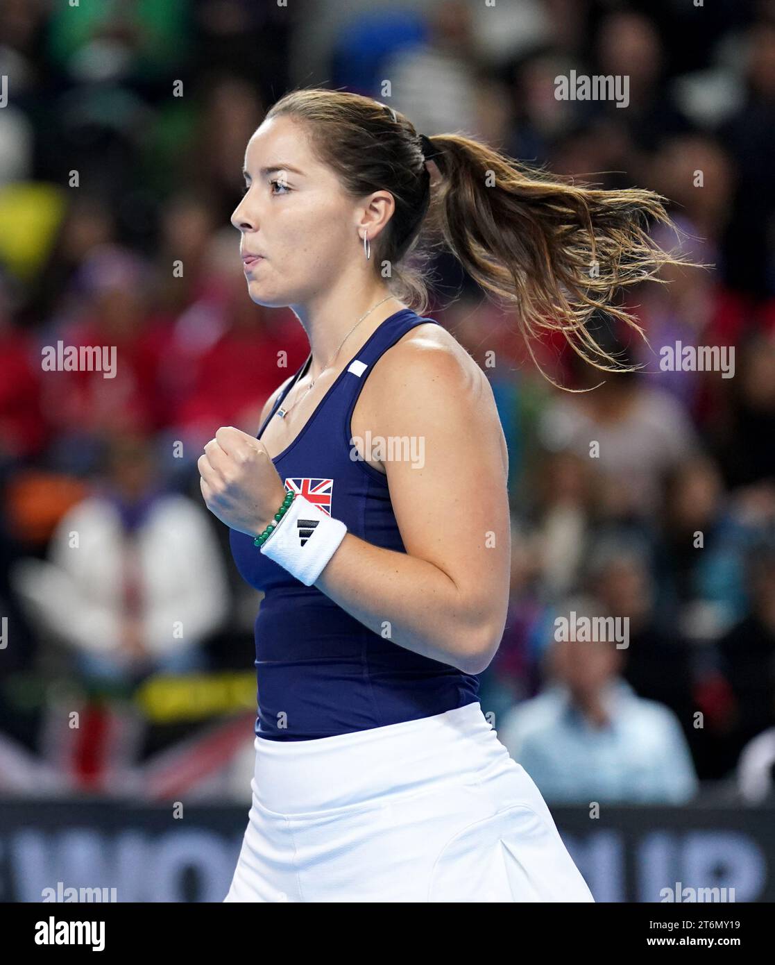 Great Britain's Jodie Burrage celebrates a point against Sweden's Kajsa Rinaldo Persson (not pictured) during day one of the 2023 Billie Jean King Cup play-off between Great Britain and Sweden at the Copper Box Arena, London. Picture date: Saturday November 11, 2023. Stock Photo