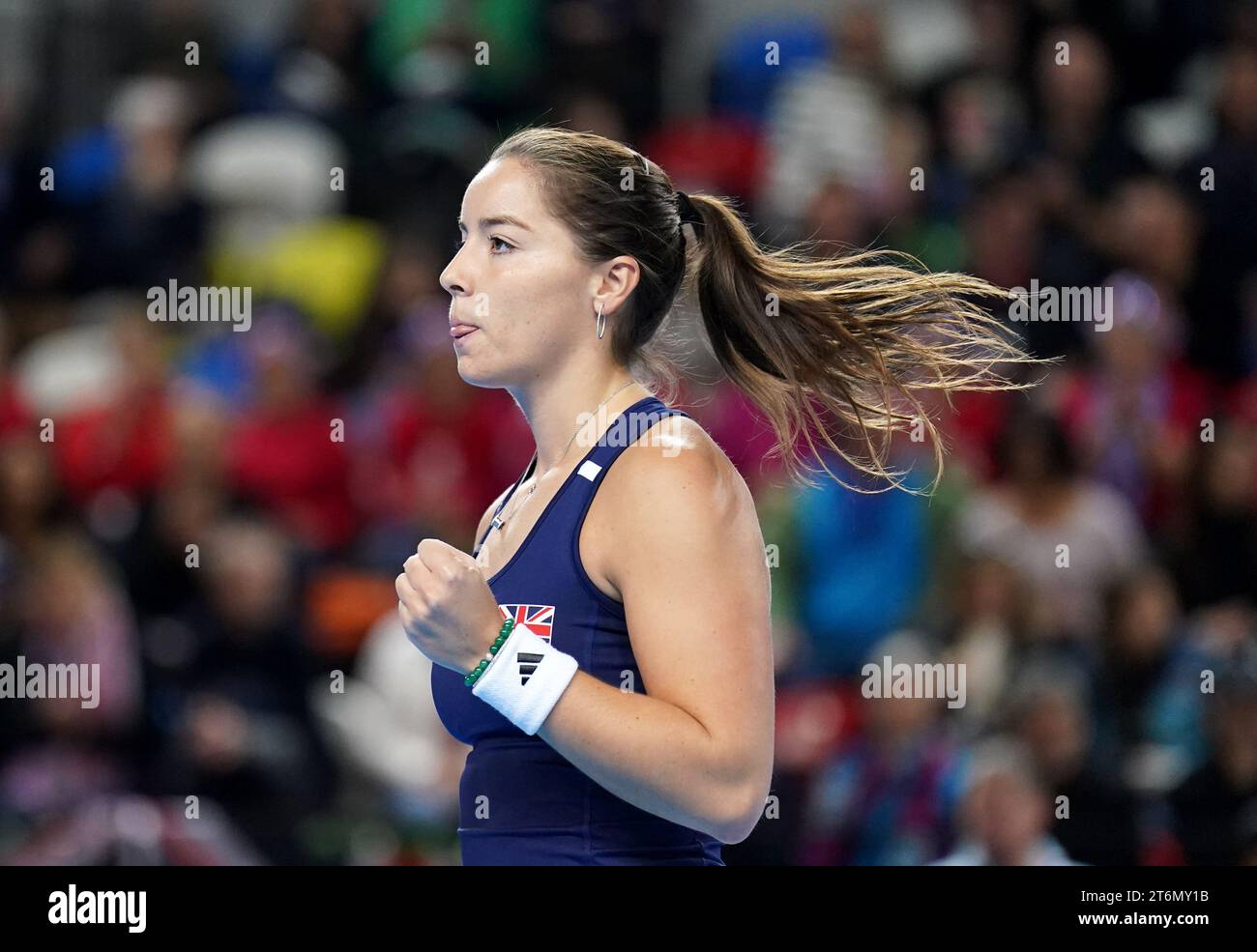 Great Britain's Jodie Burrage celebrates a point against Sweden's Kajsa Rinaldo Persson (not pictured) during day one of the 2023 Billie Jean King Cup play-off between Great Britain and Sweden at the Copper Box Arena, London. Picture date: Saturday November 11, 2023. Stock Photo