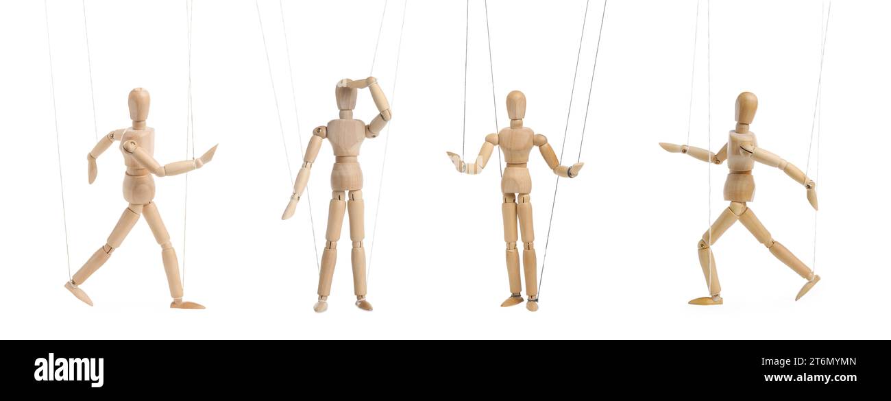 Staight Puppet Wooden puppet with strings on white background, collection of different ...