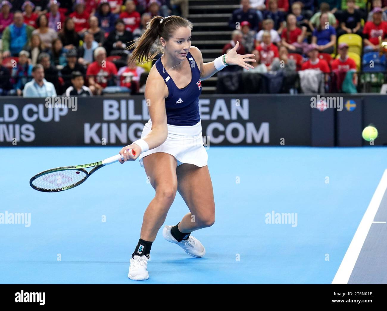 Great Britain's Jodie Burrage in action against Sweden's Kajsa Rinaldo Persson (not pictured) during day one of the 2023 Billie Jean King Cup play-off between Great Britain and Sweden at the Copper Box Arena, London. Picture date: Saturday November 11, 2023. Stock Photo