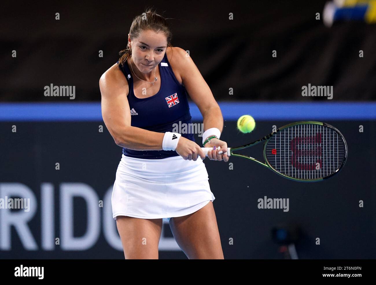 Great Britain's Jodie Burrage in action against Sweden's Kajsa Rinaldo Persson (not pictured) during day one of the 2023 Billie Jean King Cup play-off between Great Britain and Sweden at the Copper Box Arena, London. Picture date: Saturday November 11, 2023. Stock Photo