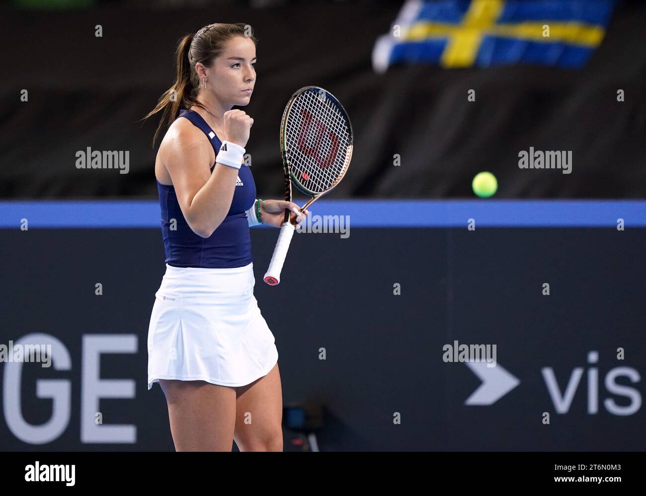 Great Britain's Jodie Burrage celebrates a point against Sweden's Kajsa Rinaldo Persson (not pictured) during day one of the 2023 Billie Jean King Cup play-off between Great Britain and Sweden at the Copper Box Arena, London. Picture date: Saturday November 11, 2023. Stock Photo