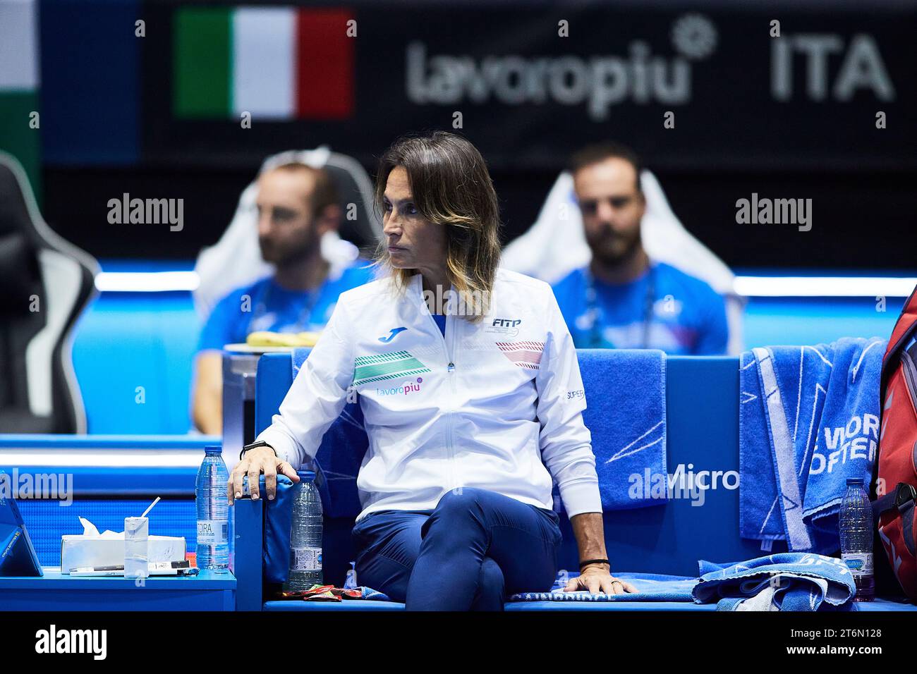 Sevilla, Spain, 11th November 2023. Tathiana Garbin captain of Italy in the match Tamara Zidansek of Slovenia again Jasmine Paolini of Italy in the Billie Jean King Cup Finals in Sevilla. Credit: Omar Arnau Stock Photo